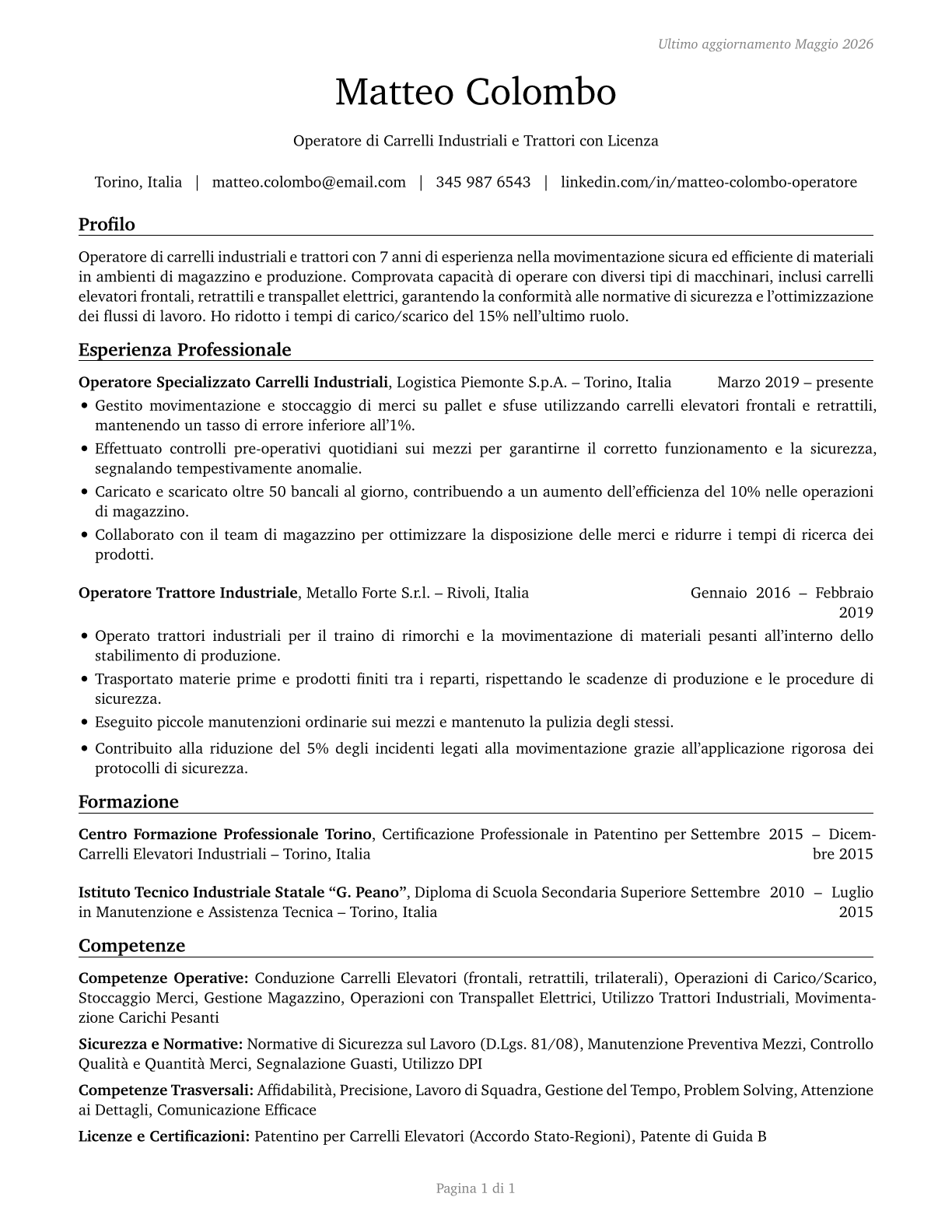 Industrial Truck and Tractor Operators CV in Italian — page 1