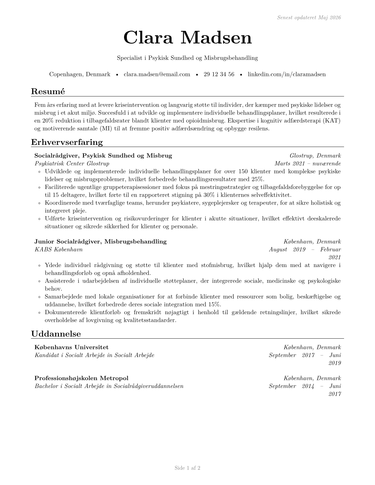 Mental Health and Substance Abuse Social Workers CV in Danish — page 1