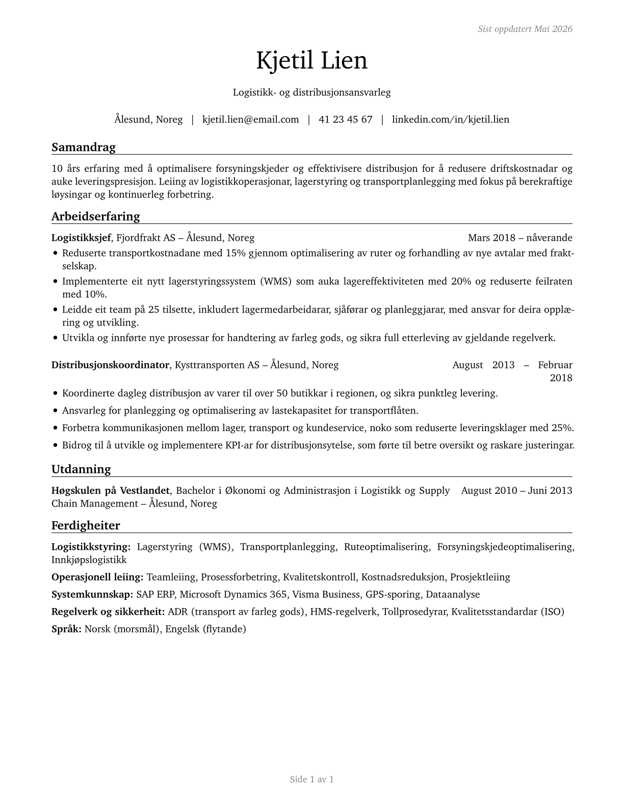 Transportation, Storage, and Distribution Managers CV in Norwegian_nynorsk — page 1