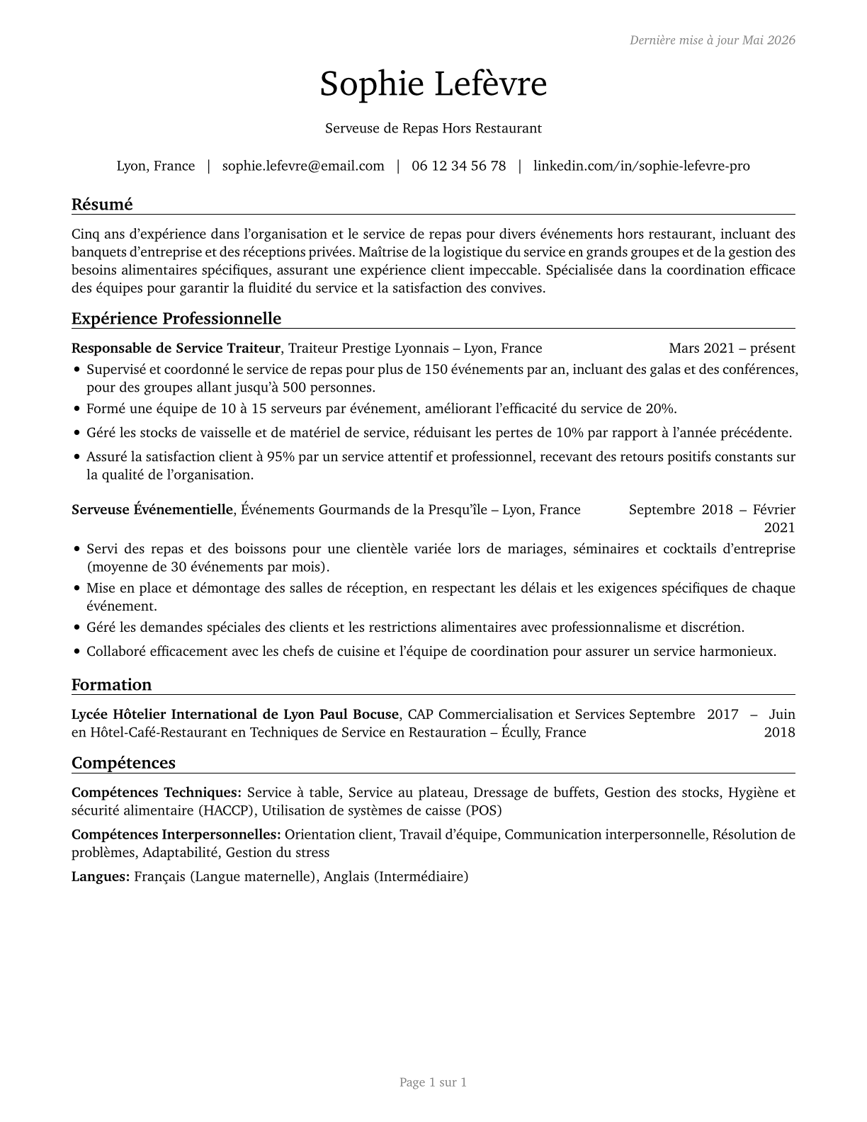 Food Servers, Nonrestaurant CV in French — page 1