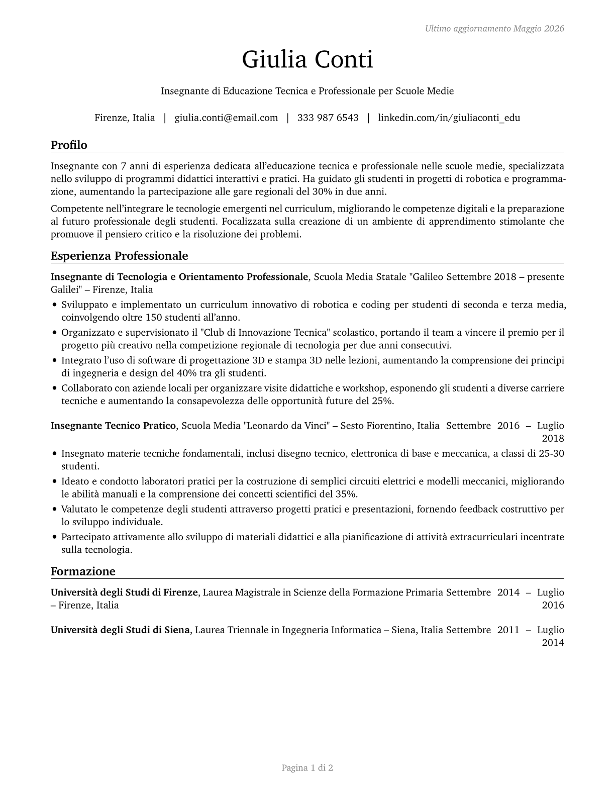 Career/Technical Education Teachers, Middle School CV in Italian — page 1