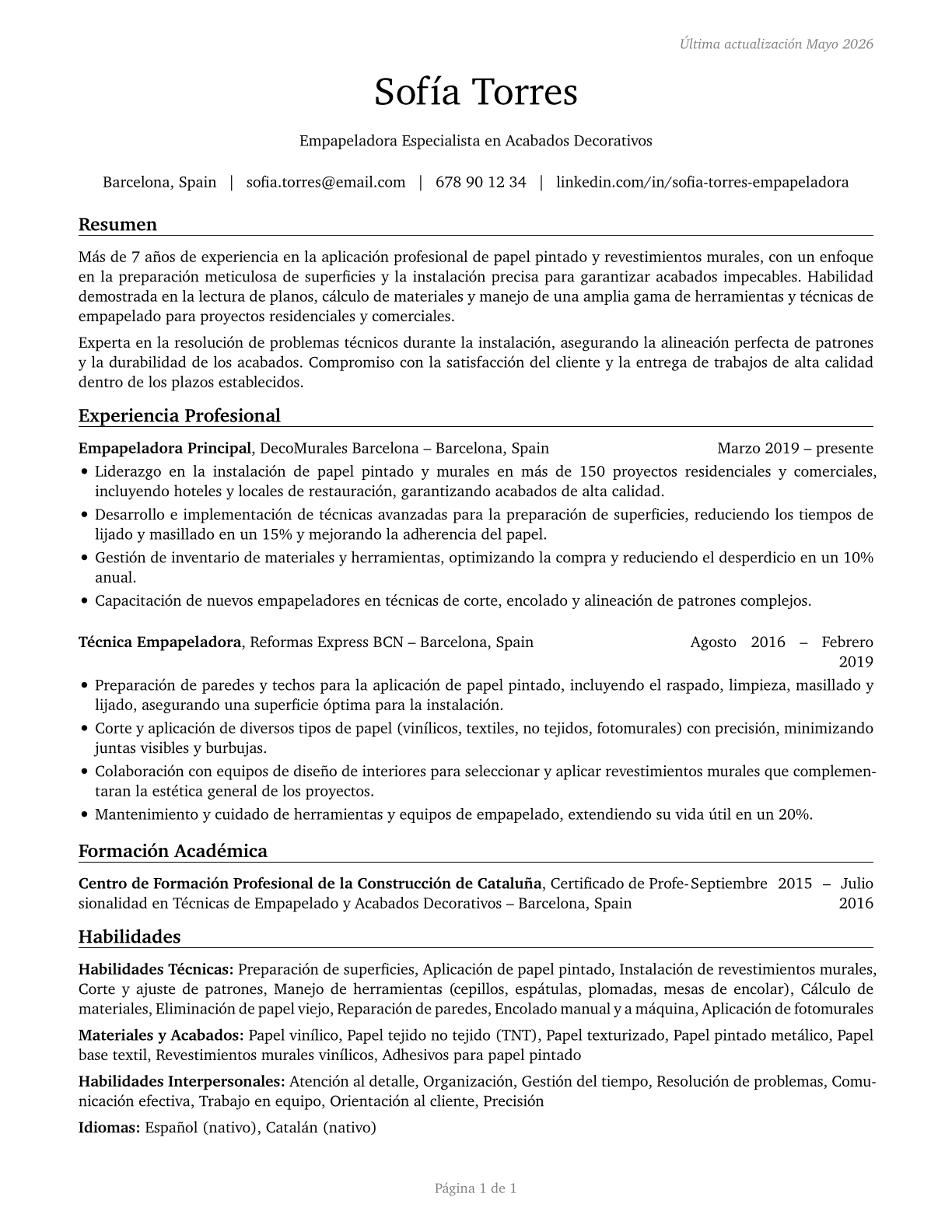 Paperhangers CV in Spanish — page 1