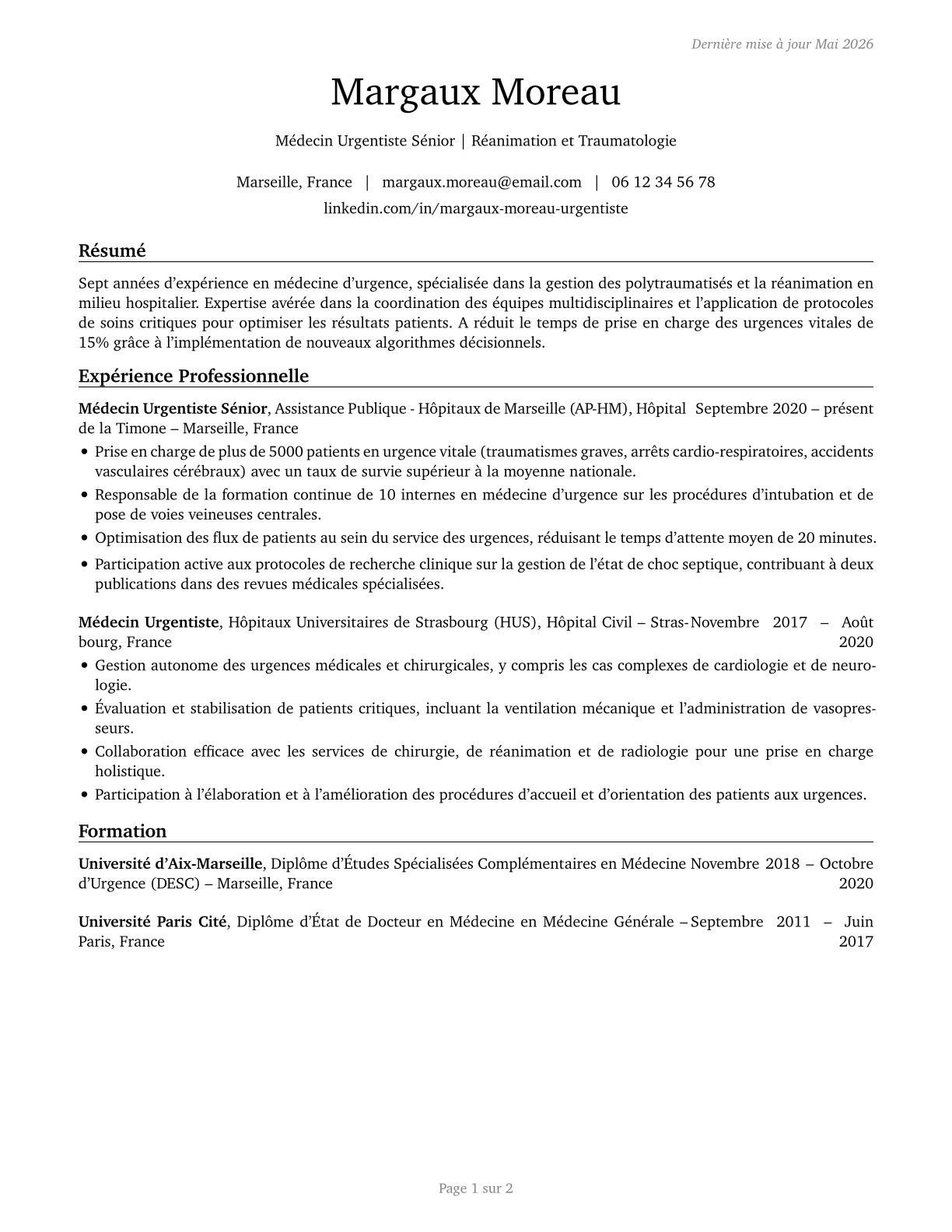Emergency Medicine Physicians CV in French — page 1