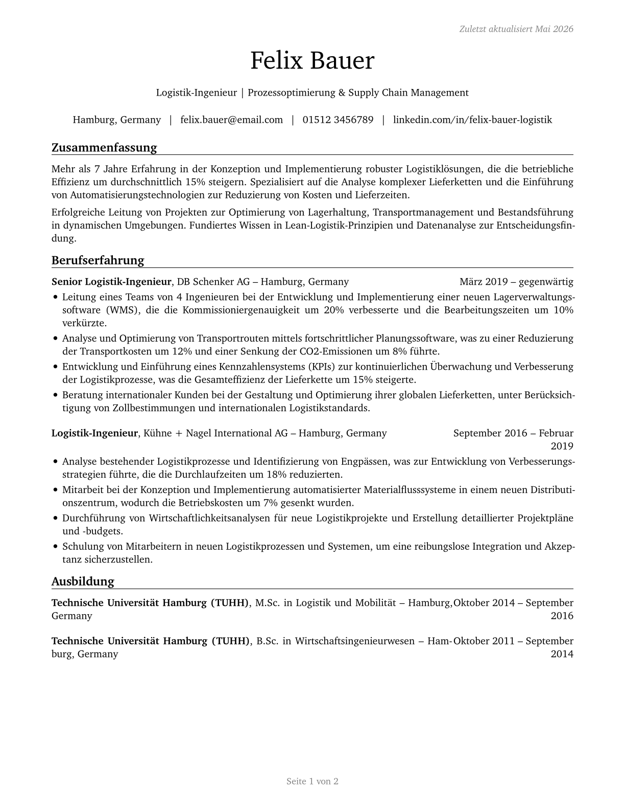 Logistics Engineers CV in German — page 1