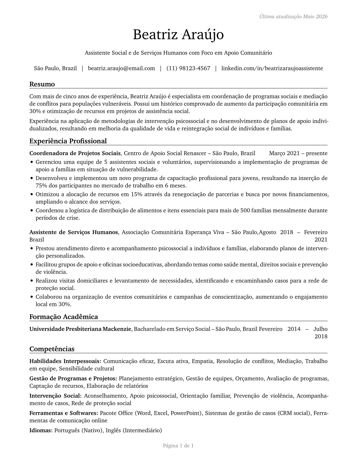 Social and Human Service Assistants CV in Portuguese — page 1