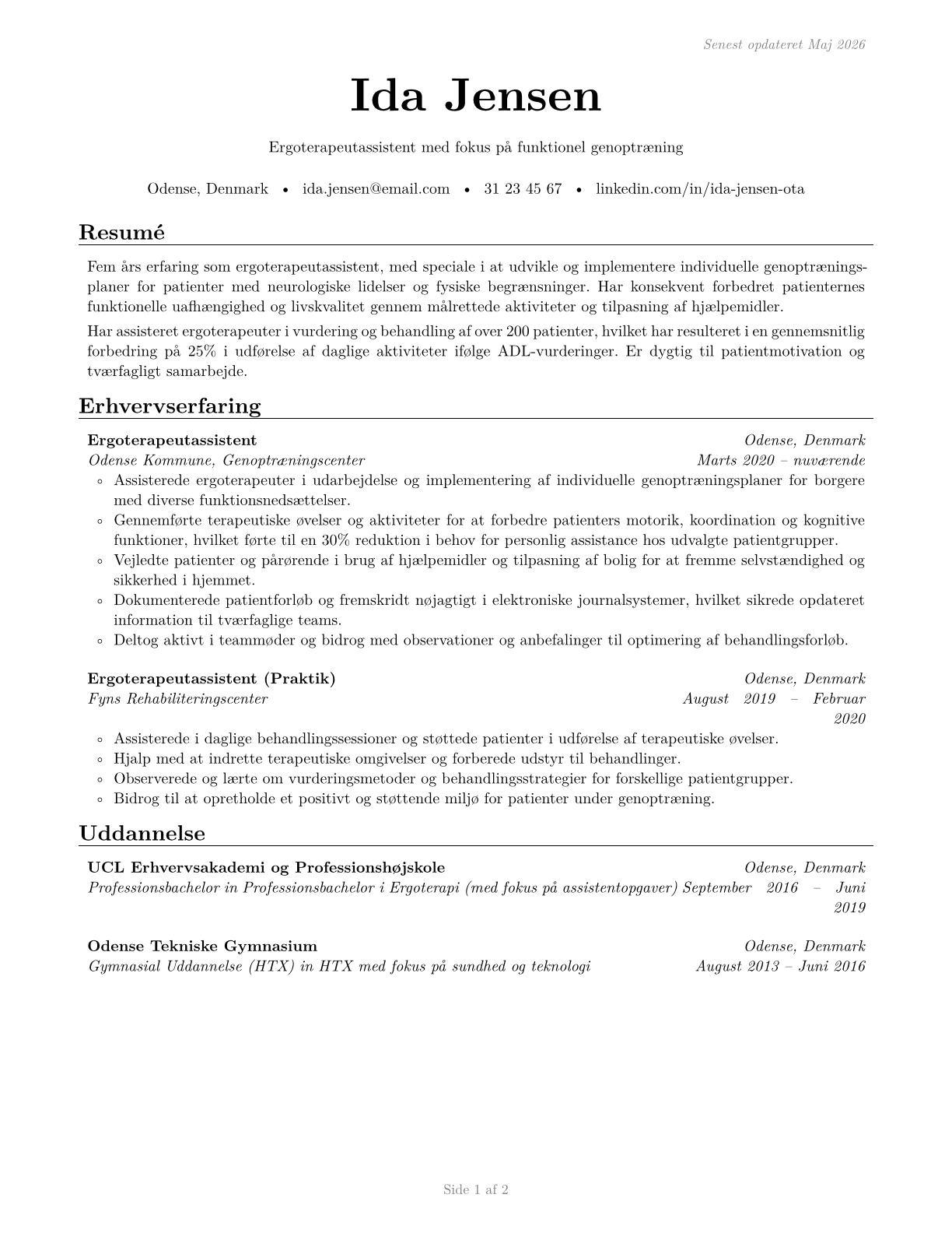 Occupational Therapy Assistants CV in Danish — page 1