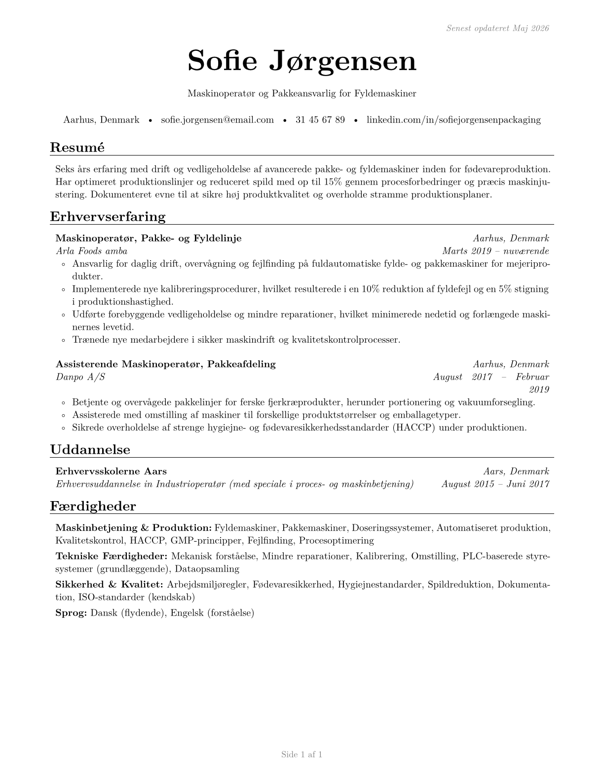 Packaging and Filling Machine Operators and Tenders CV in Danish — page 1