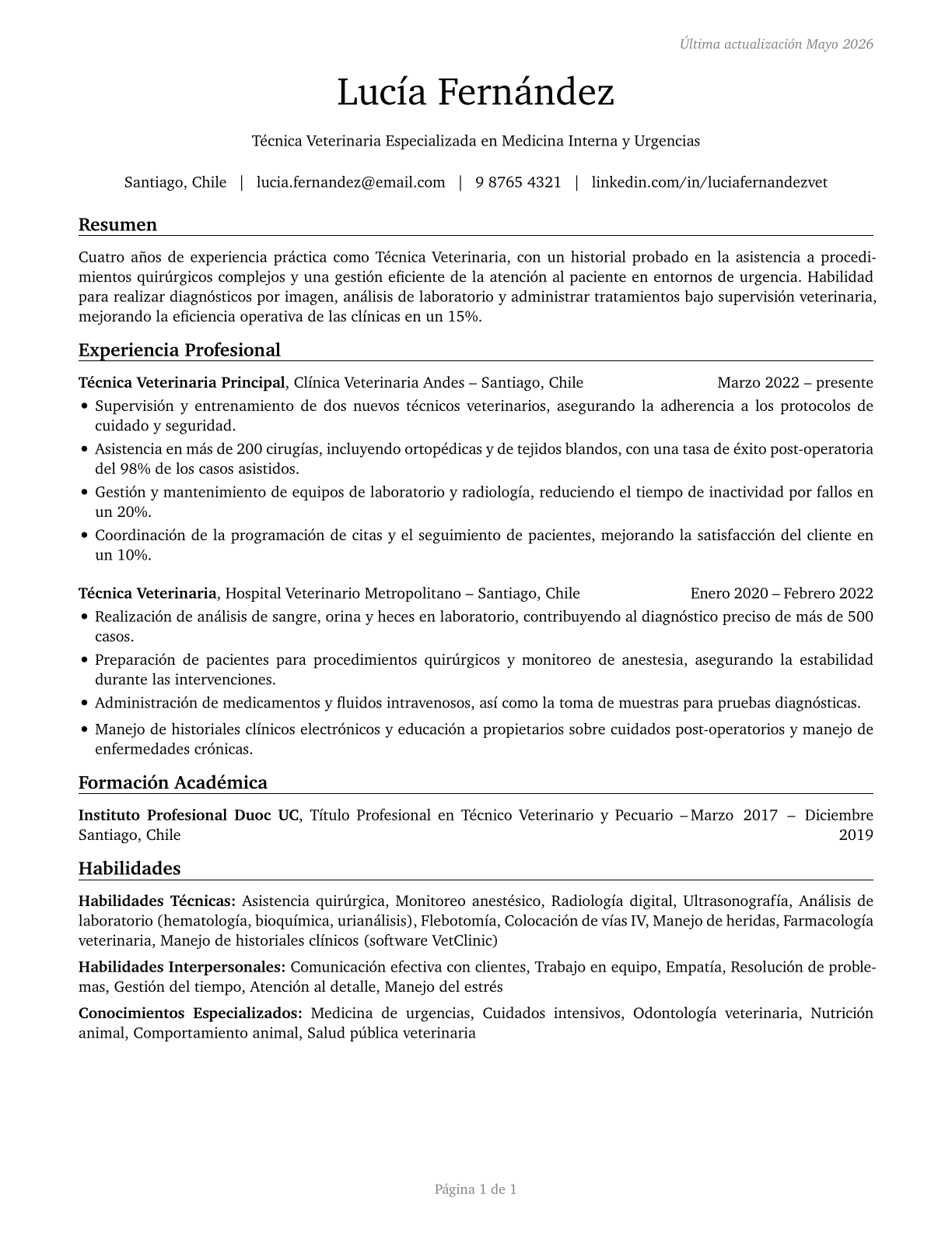 Veterinary Technologists and Technicians CV in Spanish — page 1
