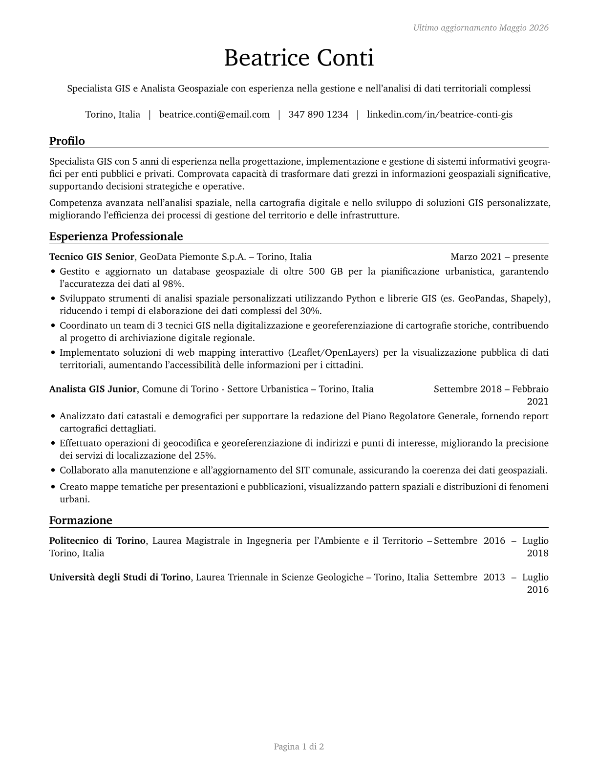 Geographic Information Systems Technologists and Technicians CV in Italian — page 1
