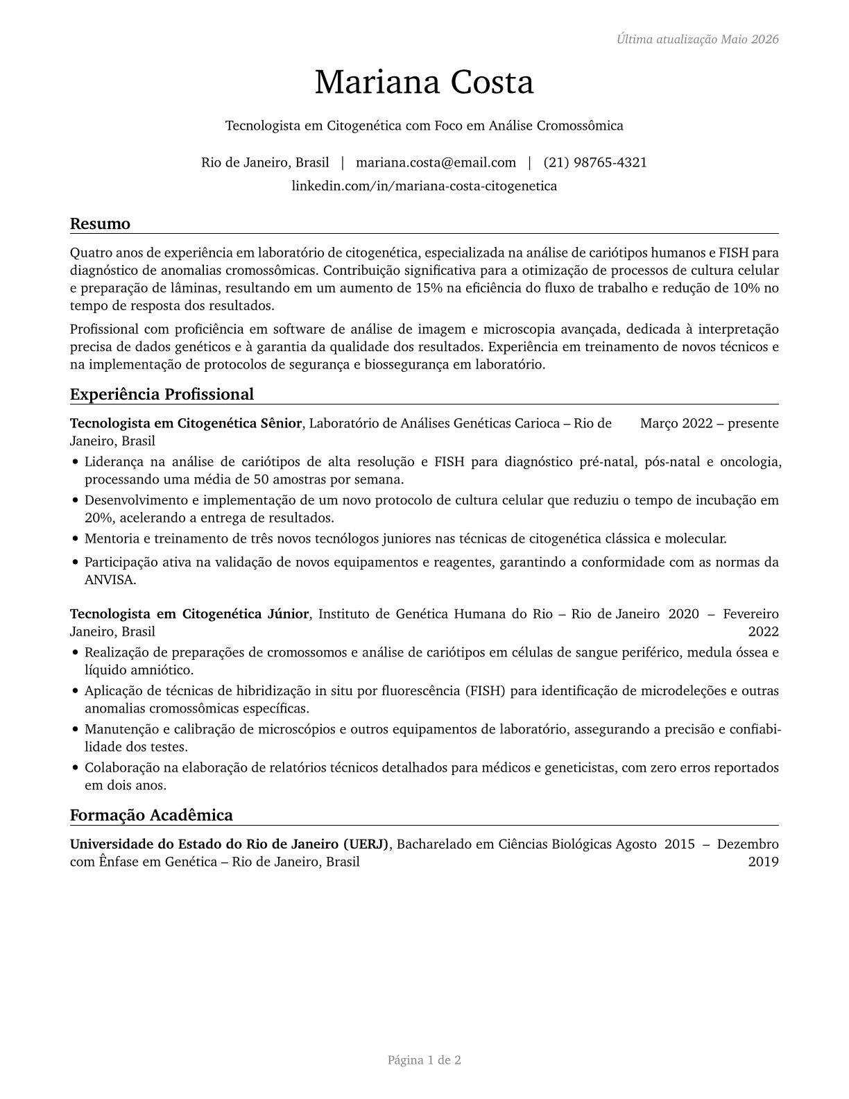 Cytogenetic Technologists CV in Portuguese — page 1