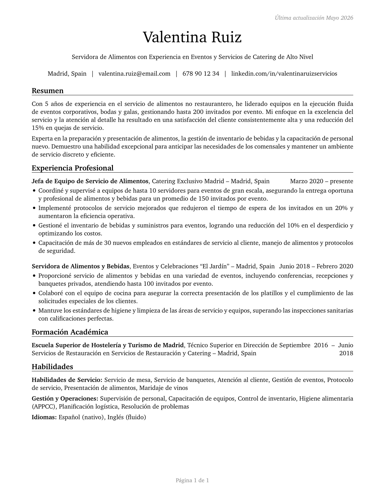 Food Servers, Nonrestaurant CV in Spanish — page 1