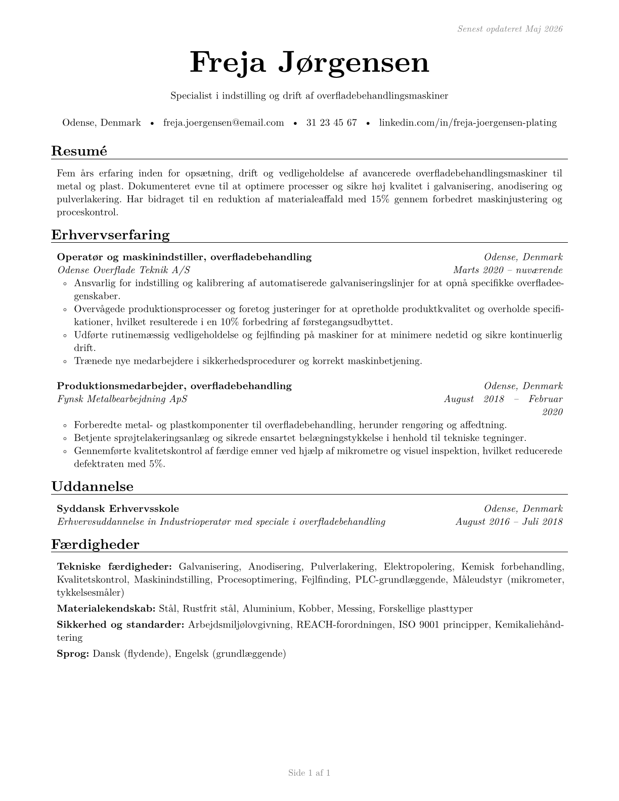 Plating Machine Setters, Operators, and Tenders, Metal and Plastic CV in Danish — page 1