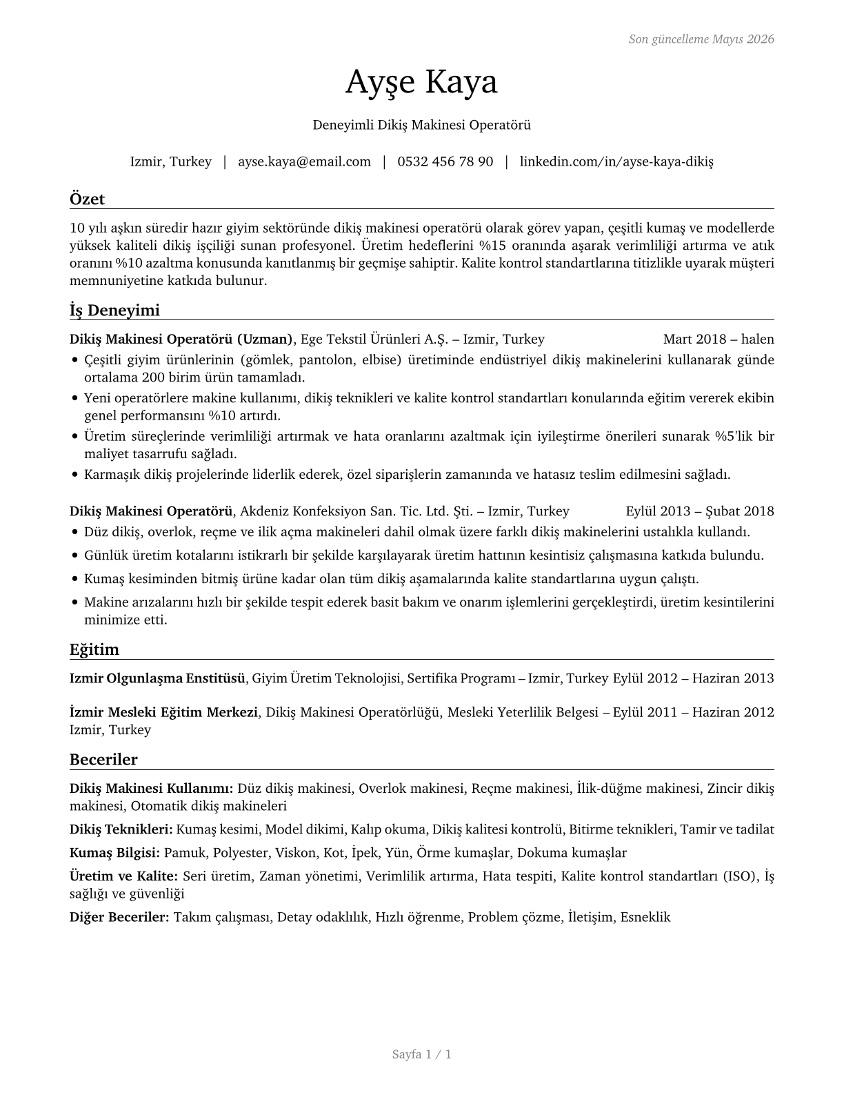 Sewing Machine Operators CV in Turkish — page 1