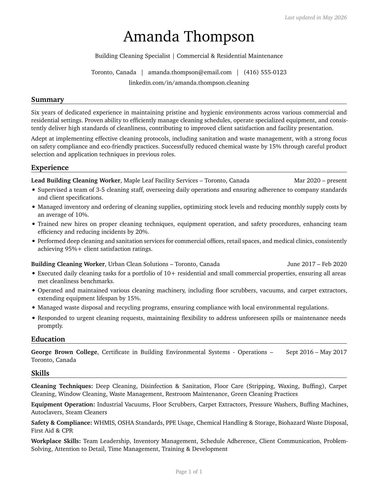 Building Cleaning Workers, All Other CV in English — page 1