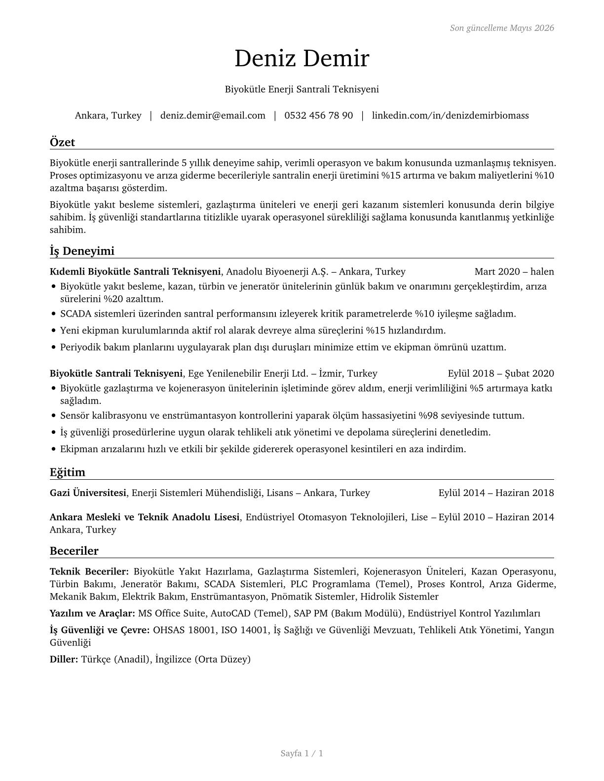 Biomass Plant Technicians CV in Turkish — page 1