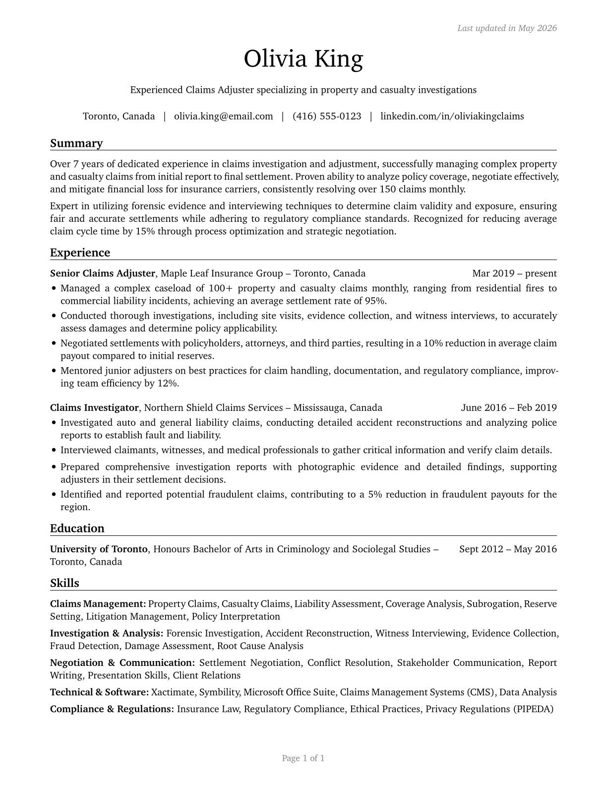 Claims Adjusters, Examiners, and Investigators CV in English — page 1