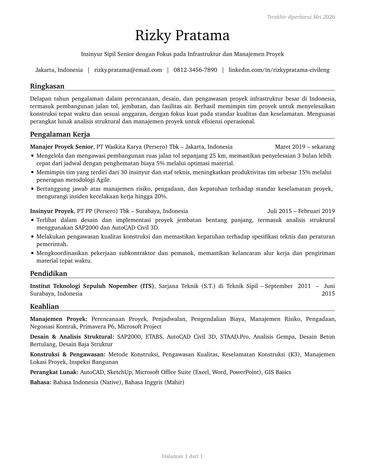 Civil Engineers CV in Indonesian — page 1