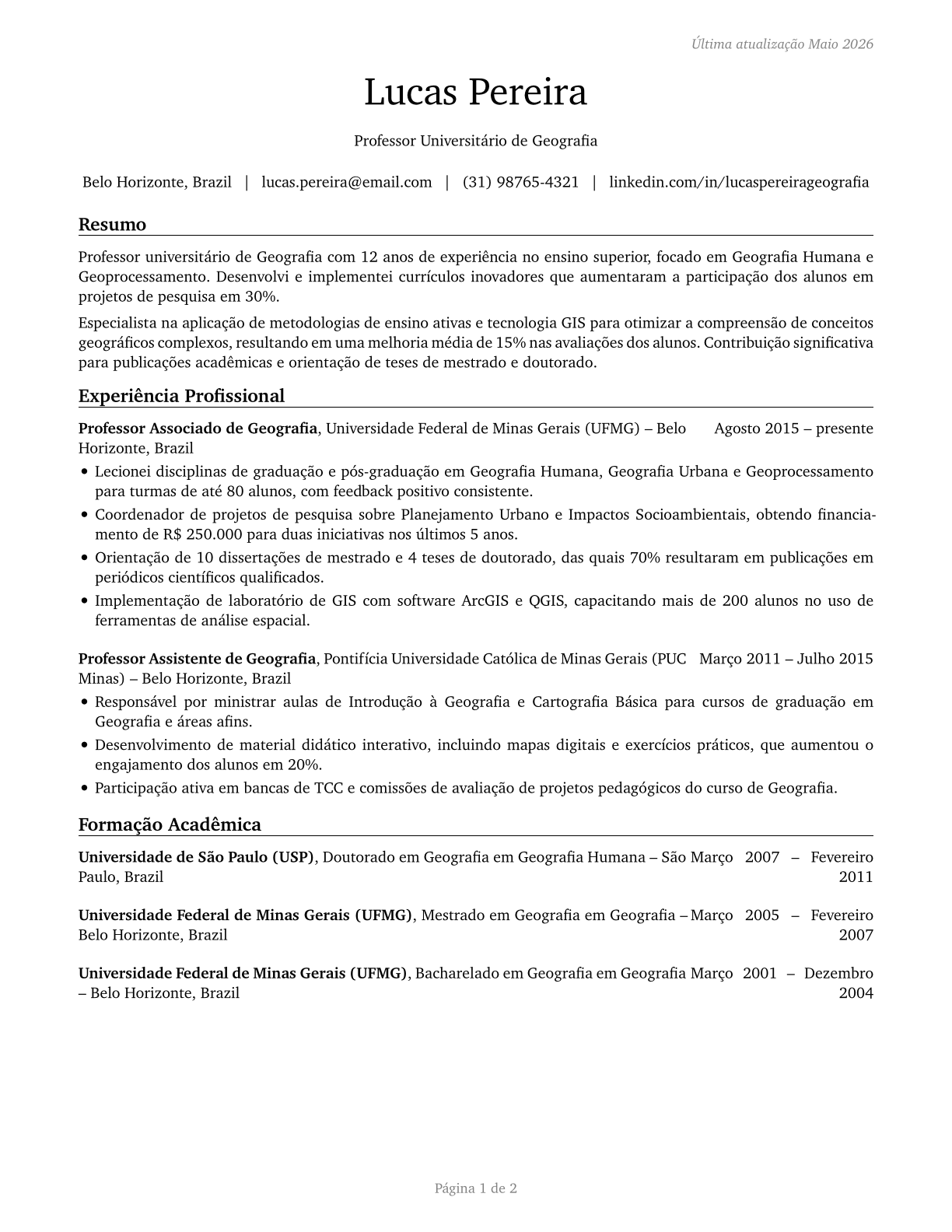 Geography Teachers, Postsecondary CV in Portuguese — page 1