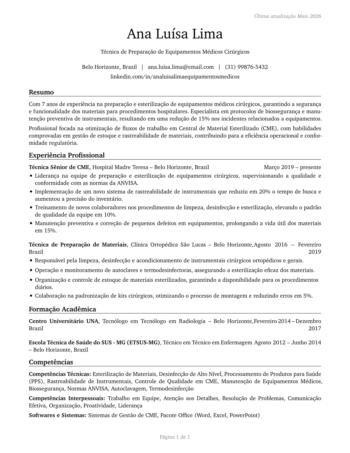Medical Equipment Preparers CV in Portuguese — page 1