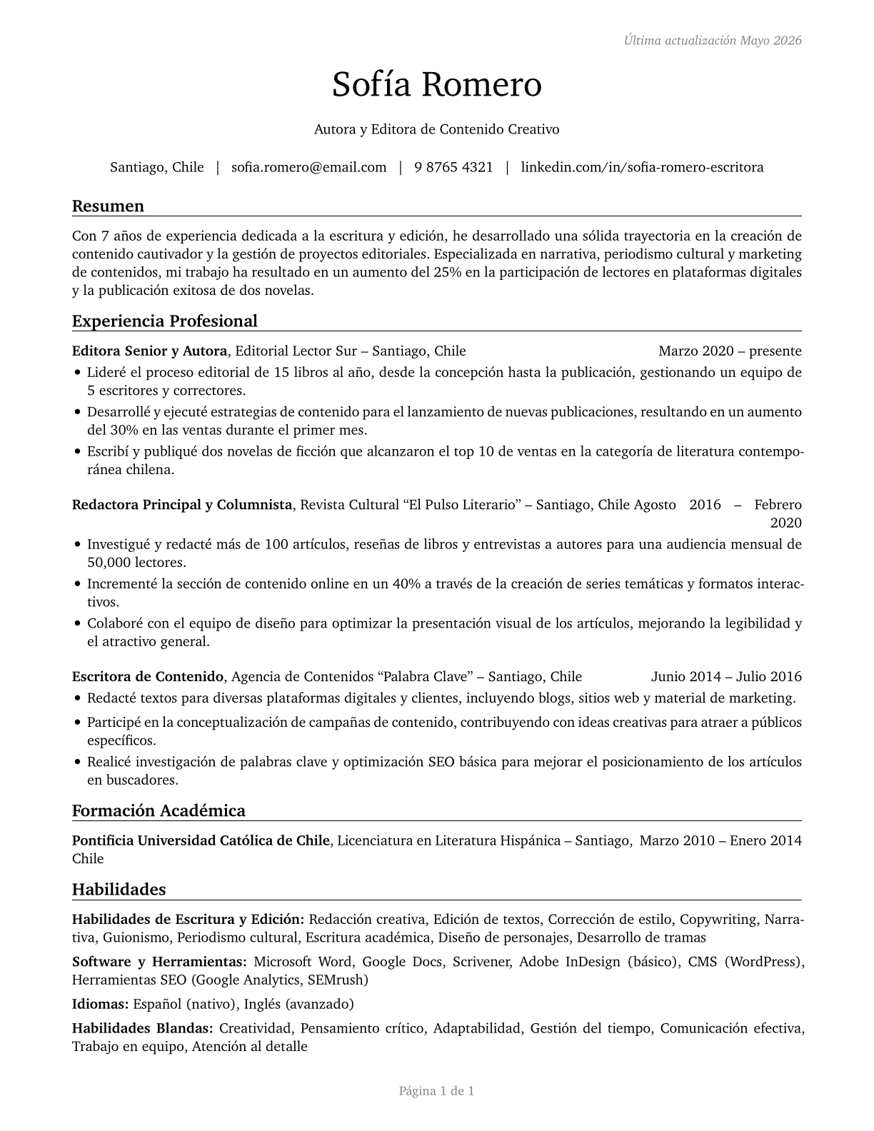 Writers and Authors CV in Spanish — page 1