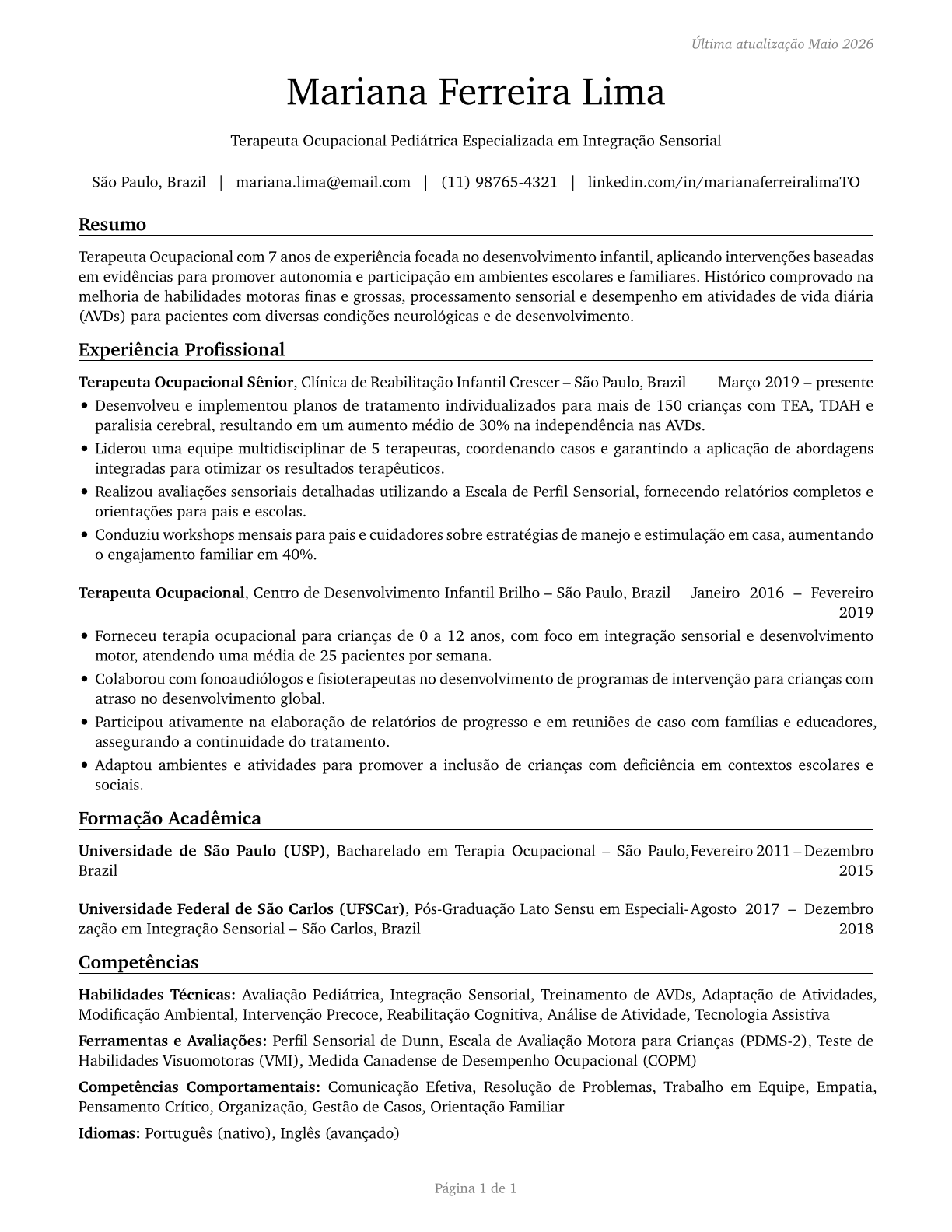 Occupational Therapists CV in Portuguese — page 1