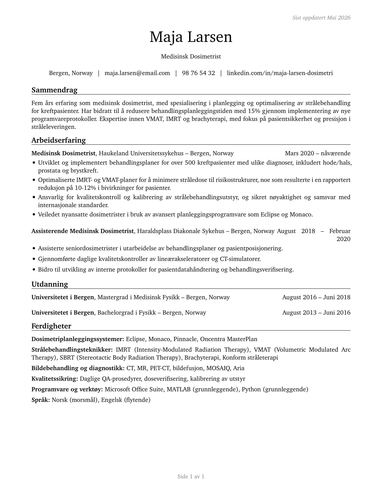 Medical Dosimetrists CV in Norwegian_bokmal — page 1
