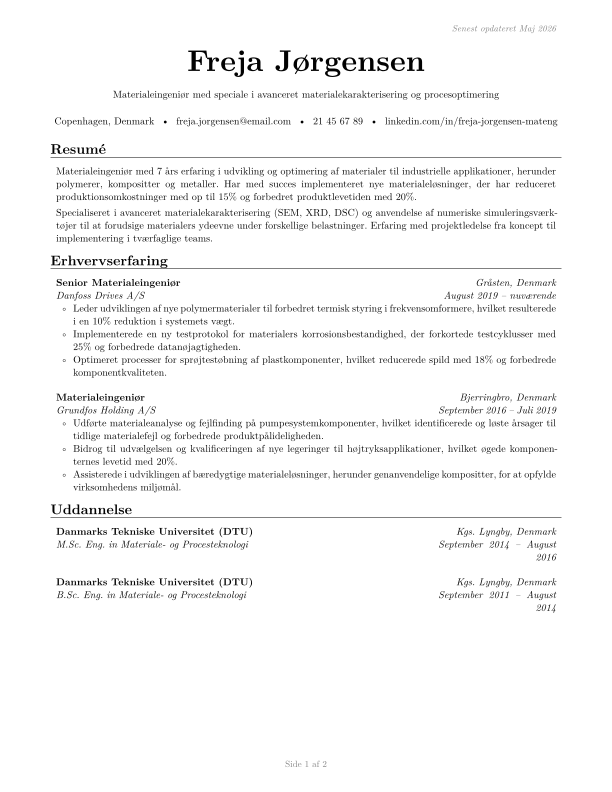Materials Engineers CV in Danish — page 1