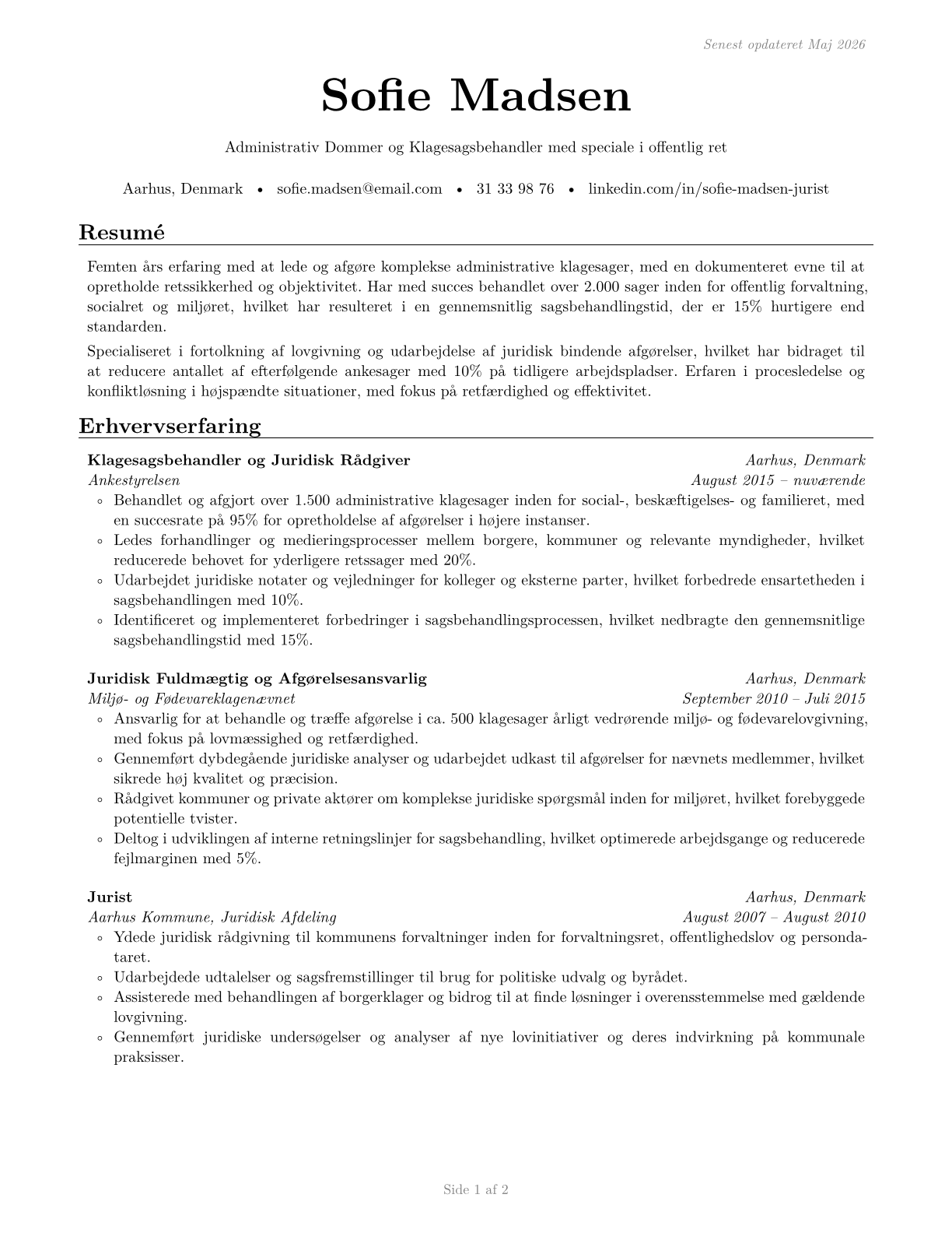 Administrative Law Judges, Adjudicators, and Hearing Officers CV in Danish — page 1