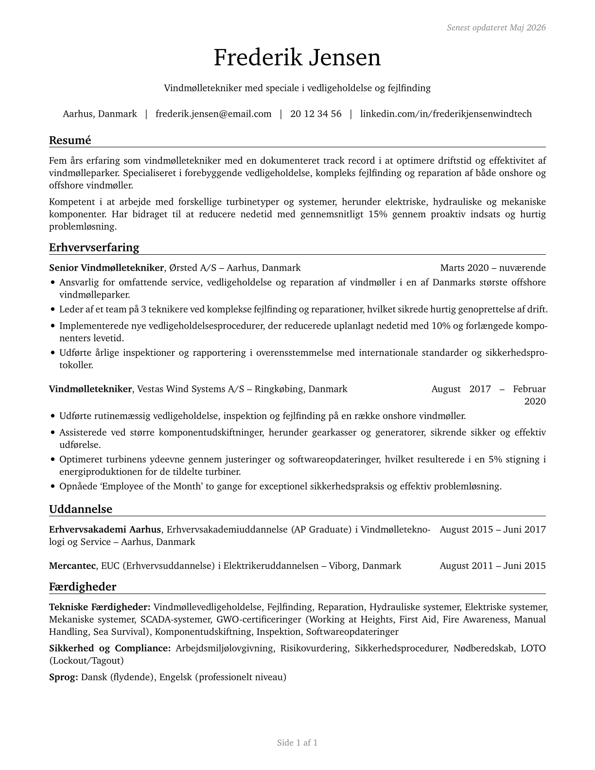 Wind Turbine Service Technicians CV in Danish — page 1
