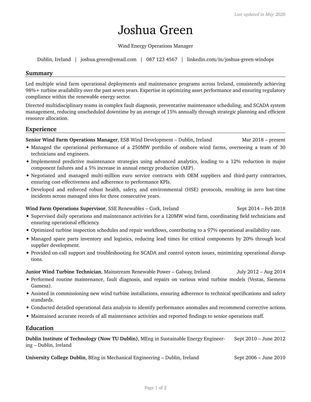 Wind Energy Operations Managers CV in English — page 1