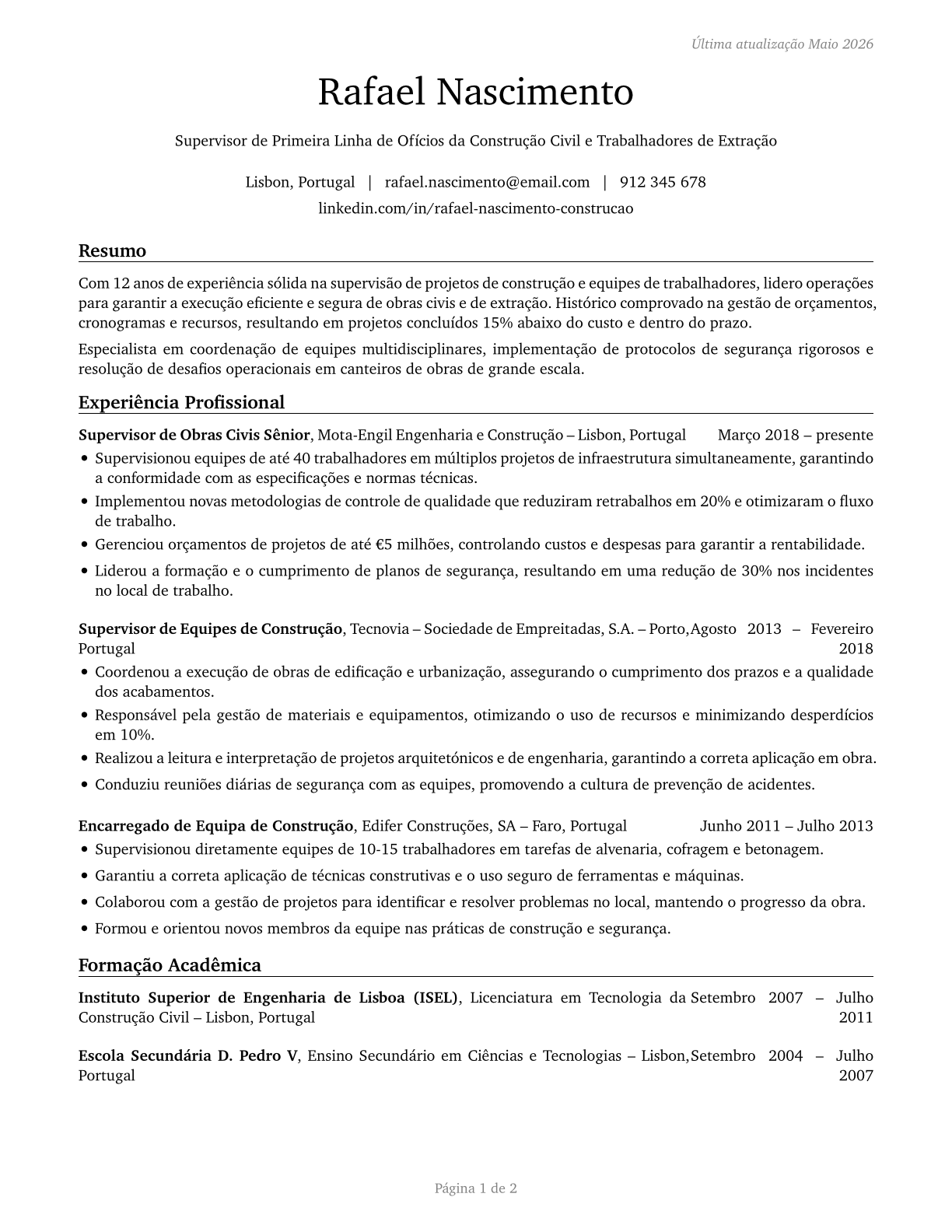 First-Line Supervisors of Construction Trades and Extraction Workers CV in Portuguese — page 1