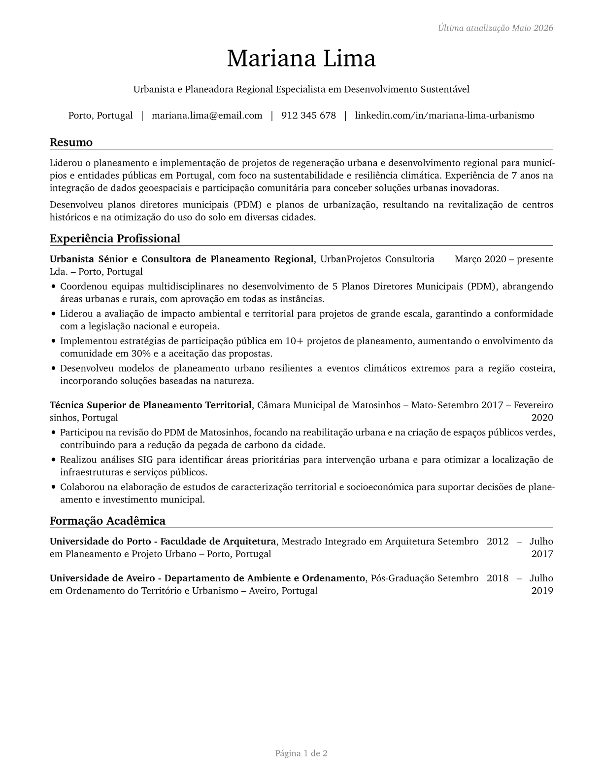 Urban and Regional Planners CV in Portuguese — page 1