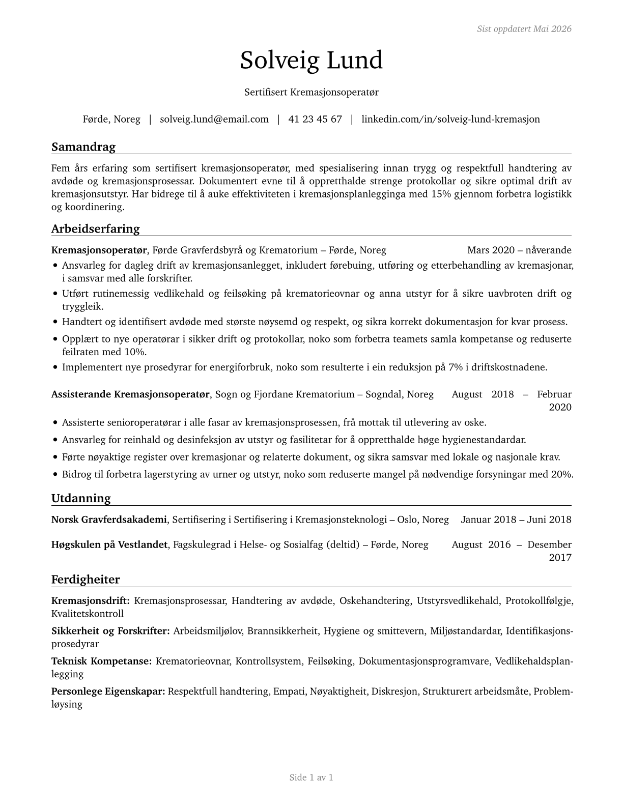 Crematory Operators CV in Norwegian_nynorsk — page 1