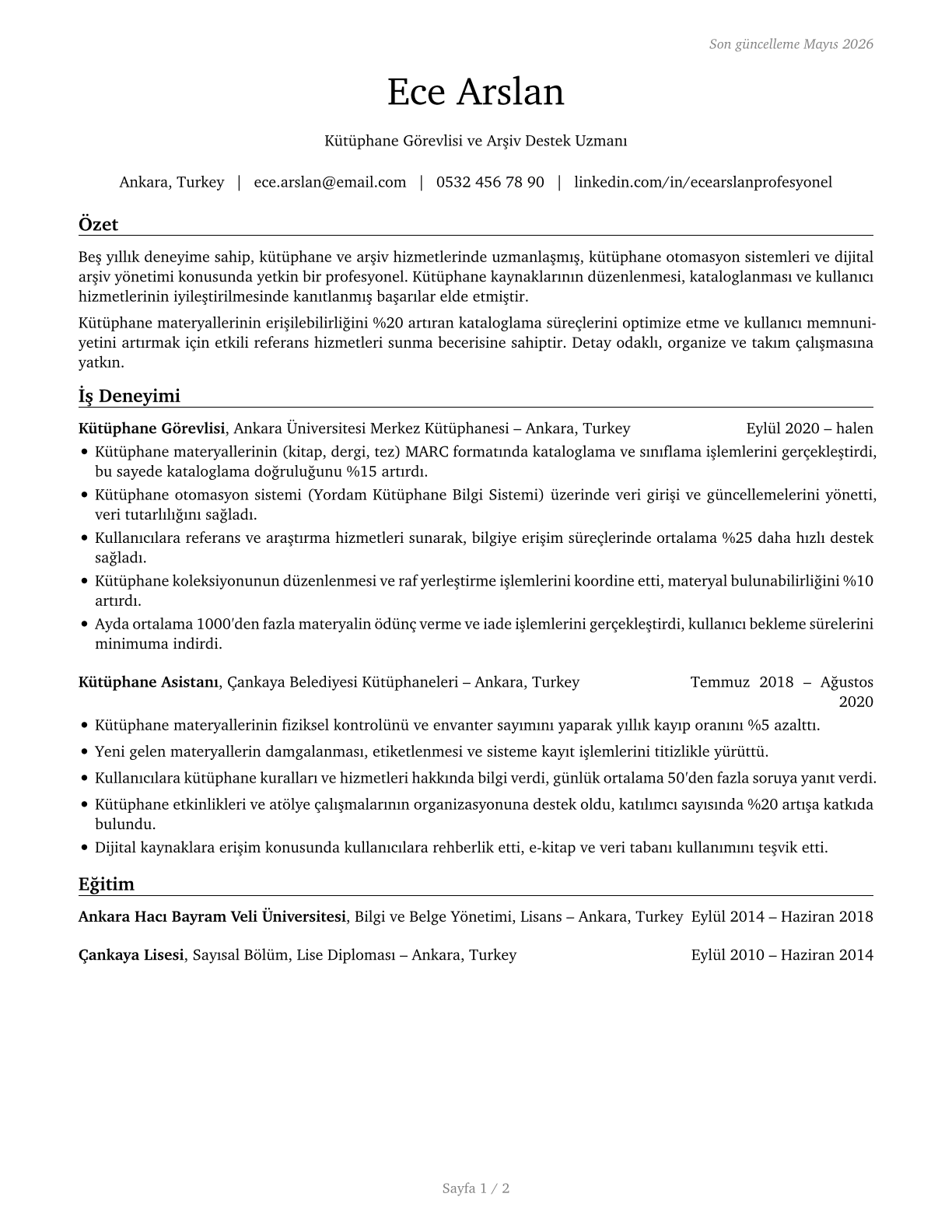 Library Assistants, Clerical CV in Turkish — page 1