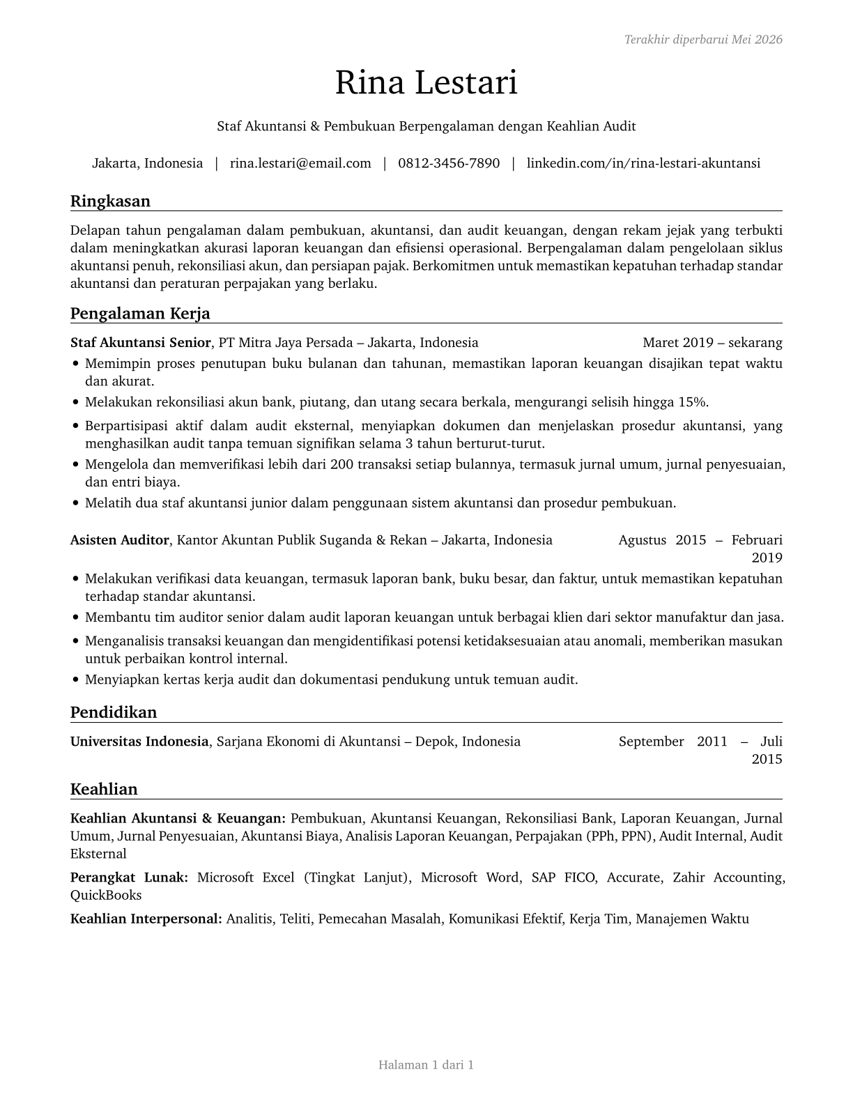 Bookkeeping, Accounting, and Auditing Clerks CV in Indonesian — page 1