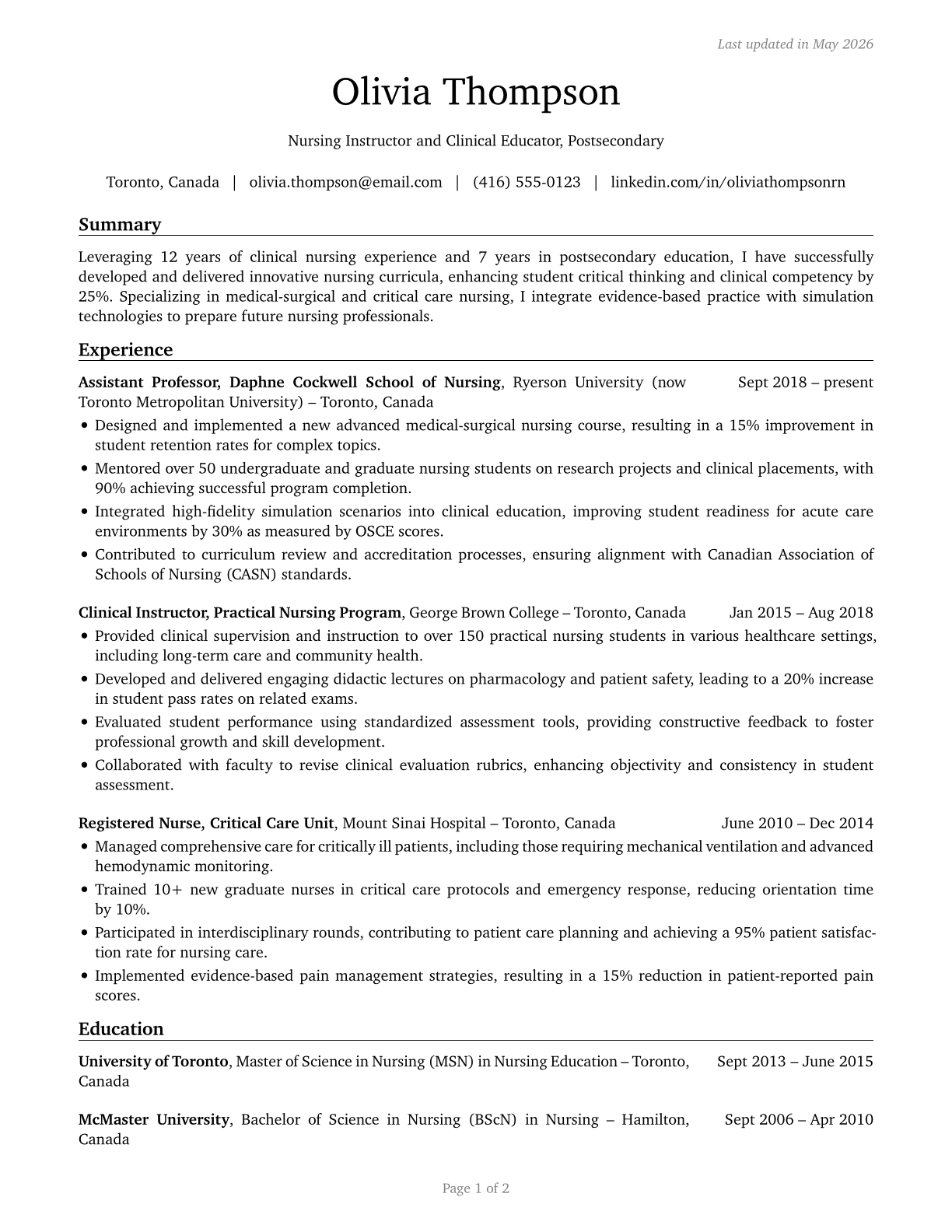 Nursing Instructors and Teachers, Postsecondary CV in English — page 1