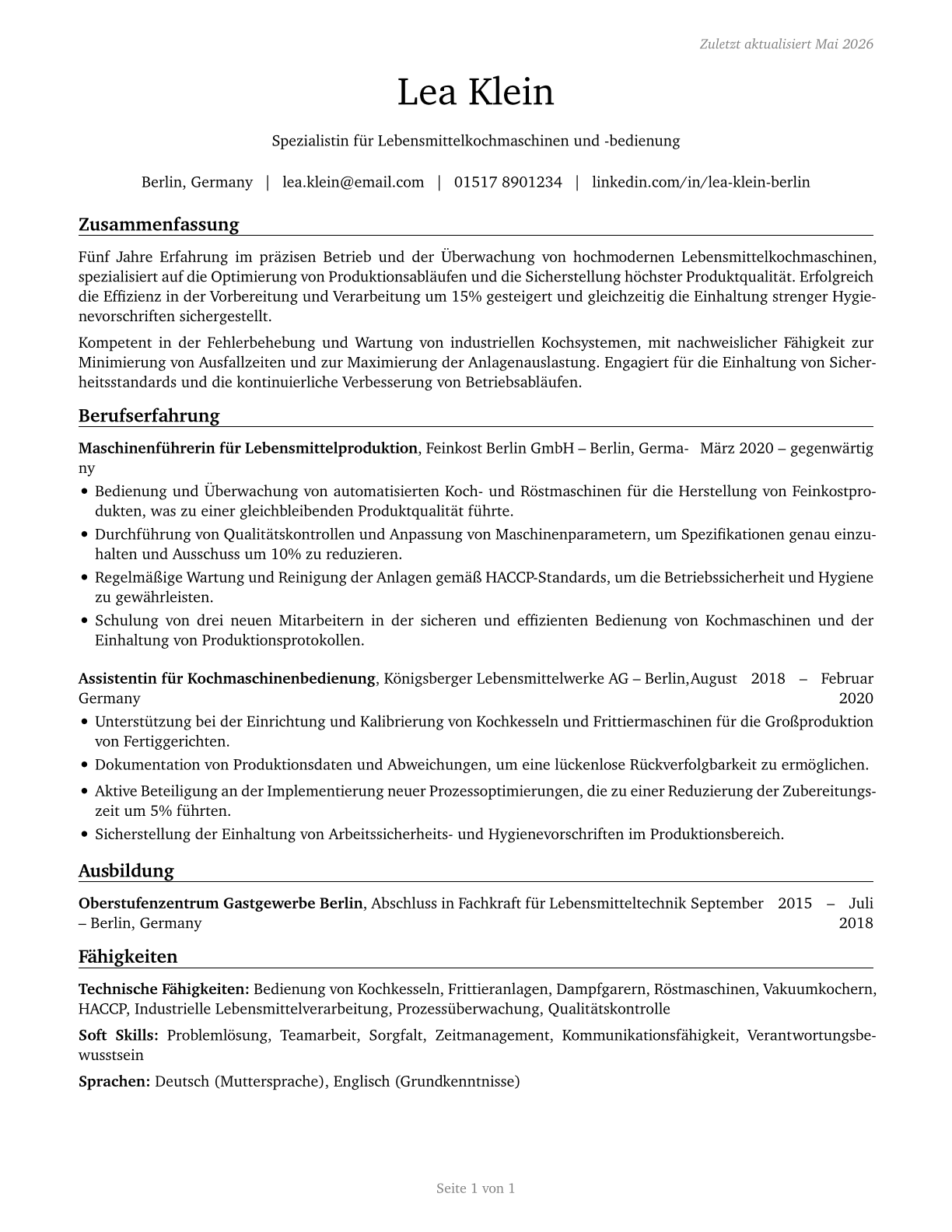 Food Cooking Machine Operators and Tenders CV in German — page 1