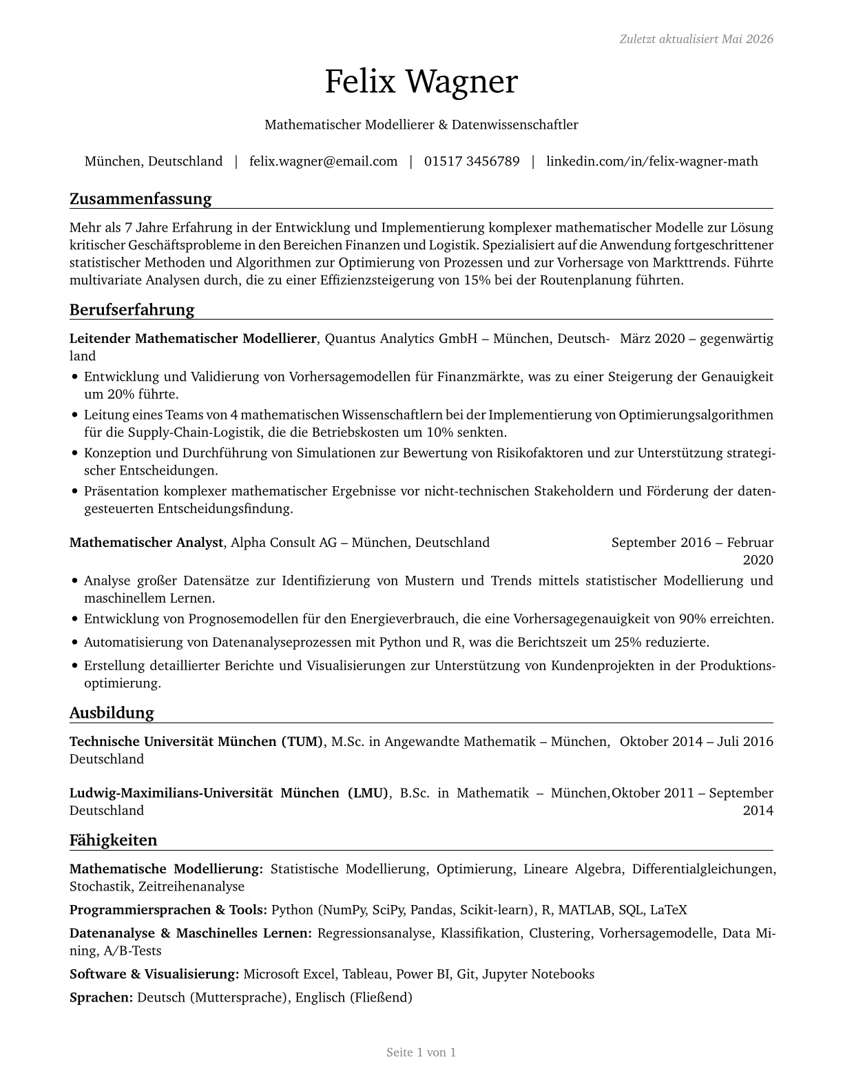 Mathematical Science Occupations, All Other CV in German — page 1