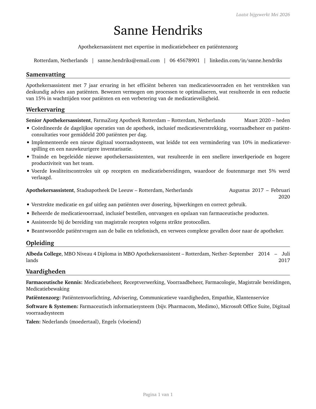 Pharmacy Technicians CV in Dutch — page 1