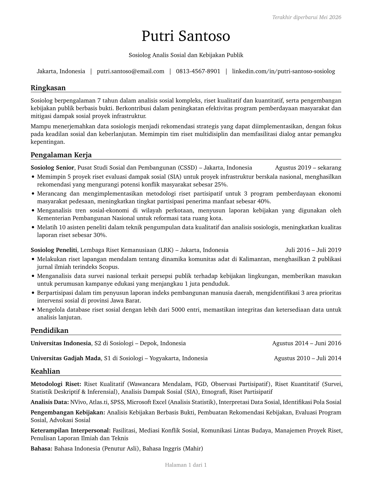 Sociologists CV in Indonesian — page 1