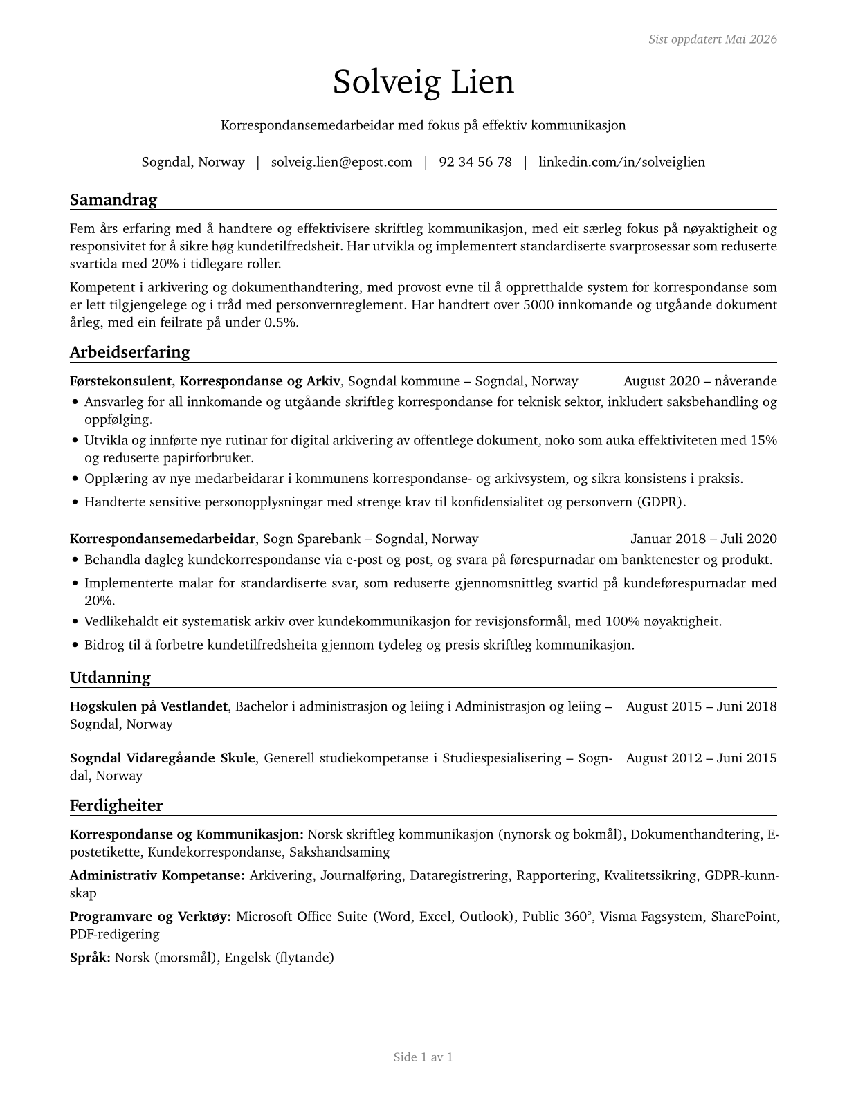Correspondence Clerks CV in Norwegian_nynorsk — page 1
