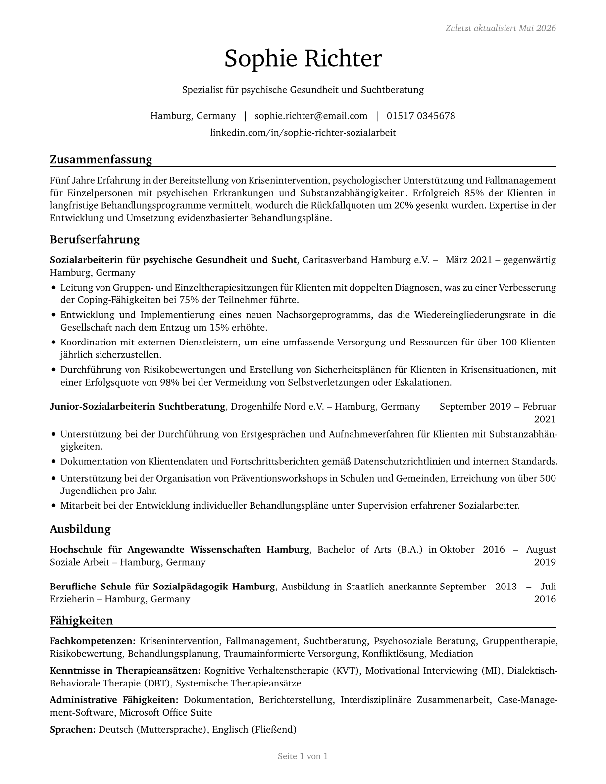 Mental Health and Substance Abuse Social Workers CV in German — page 1