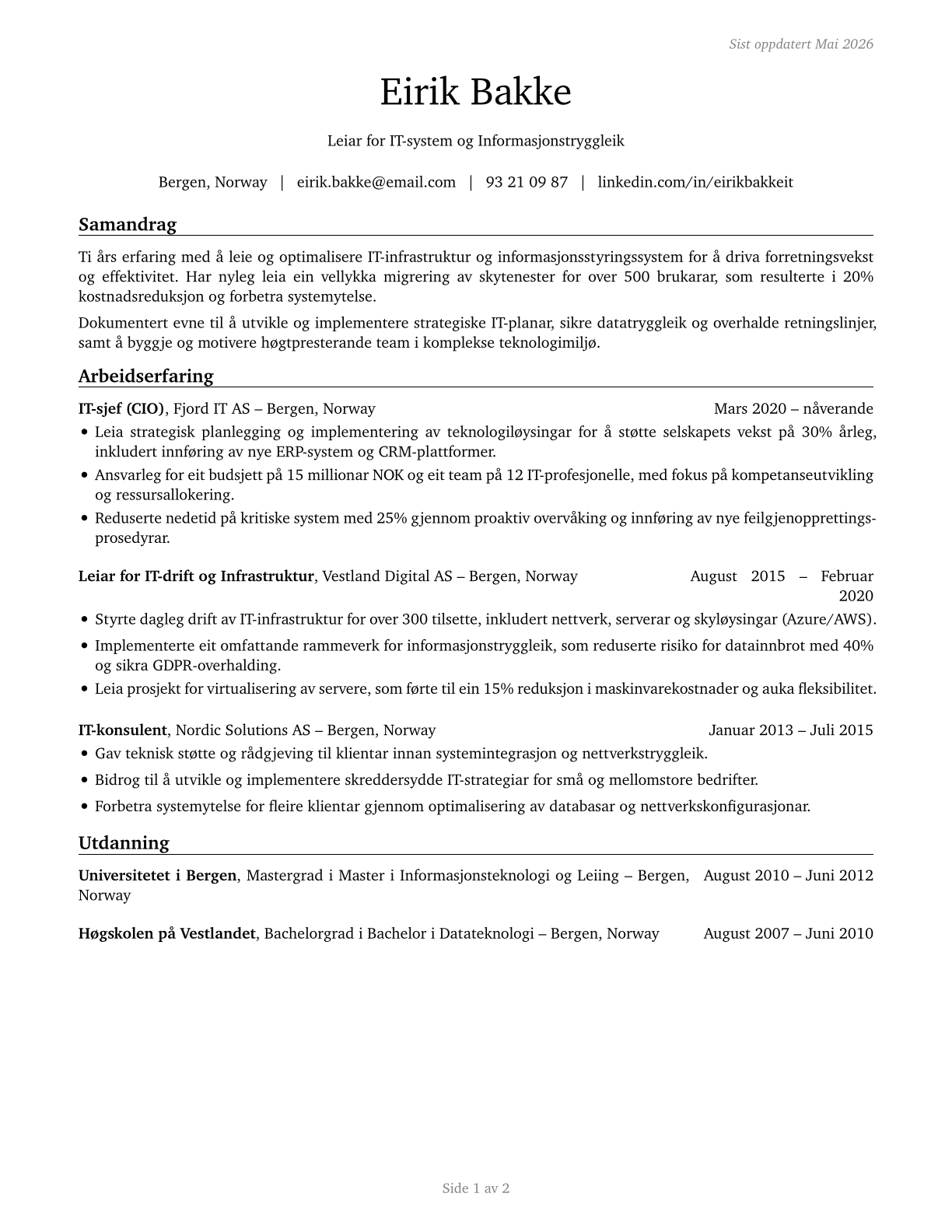 Computer and Information Systems Managers CV in Norwegian_nynorsk — page 1