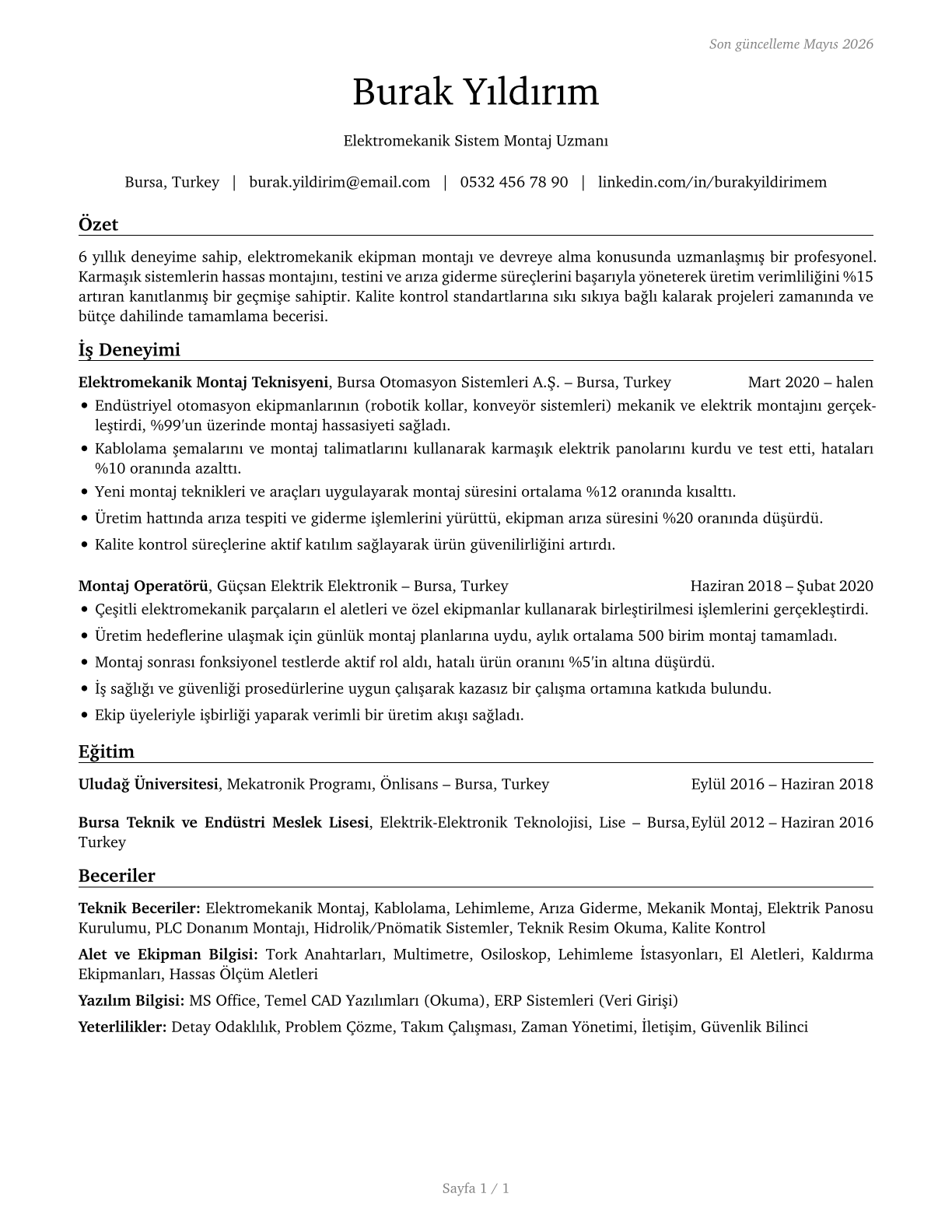 Electromechanical Equipment Assemblers CV in Turkish — page 1