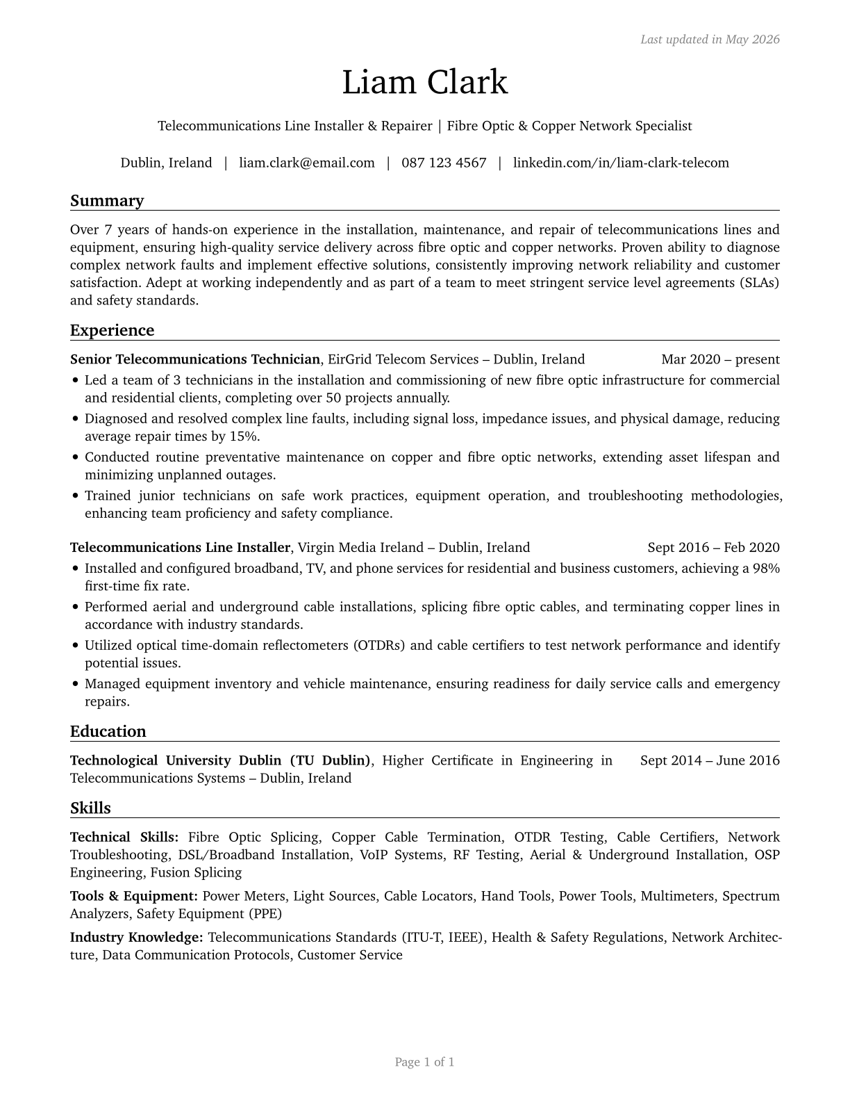 Telecommunications Line Installers and Repairers CV in English — page 1