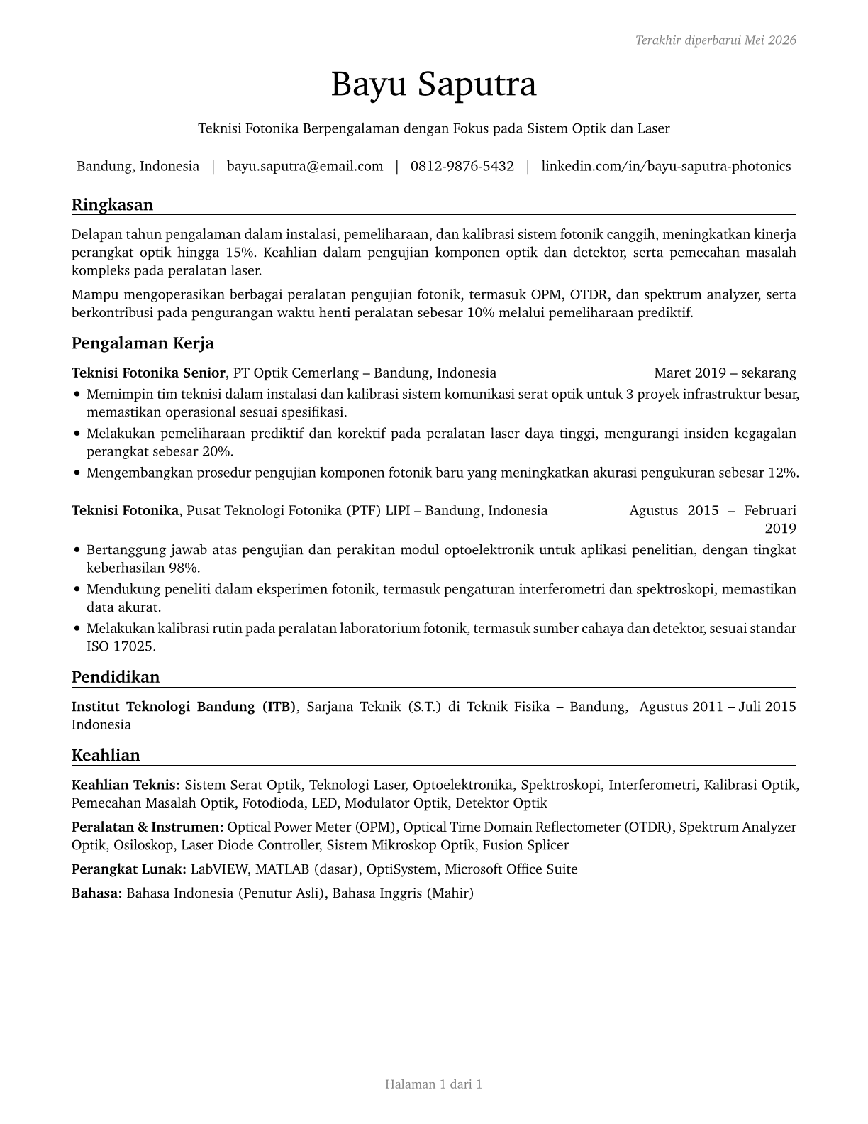 Photonics Technicians CV in Indonesian — page 1