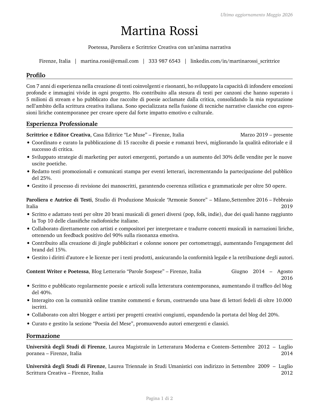 Poets, Lyricists and Creative Writers CV in Italian — page 1