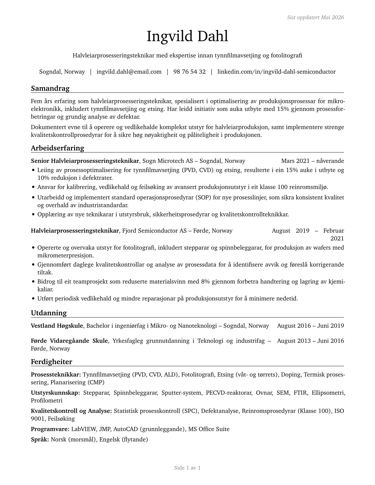 Semiconductor Processing Technicians CV in Norwegian_nynorsk — page 1
