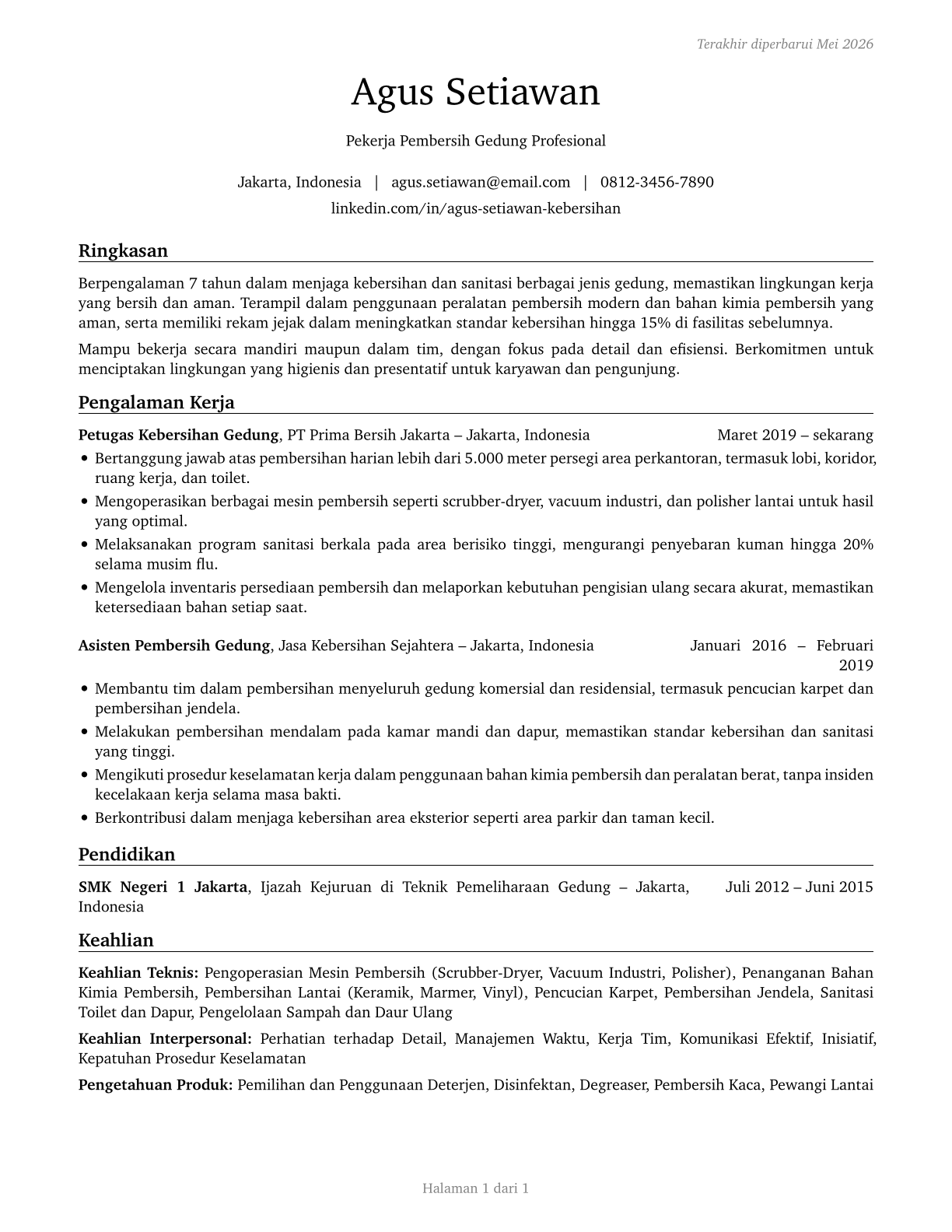 Building Cleaning Workers, All Other CV in Indonesian — page 1