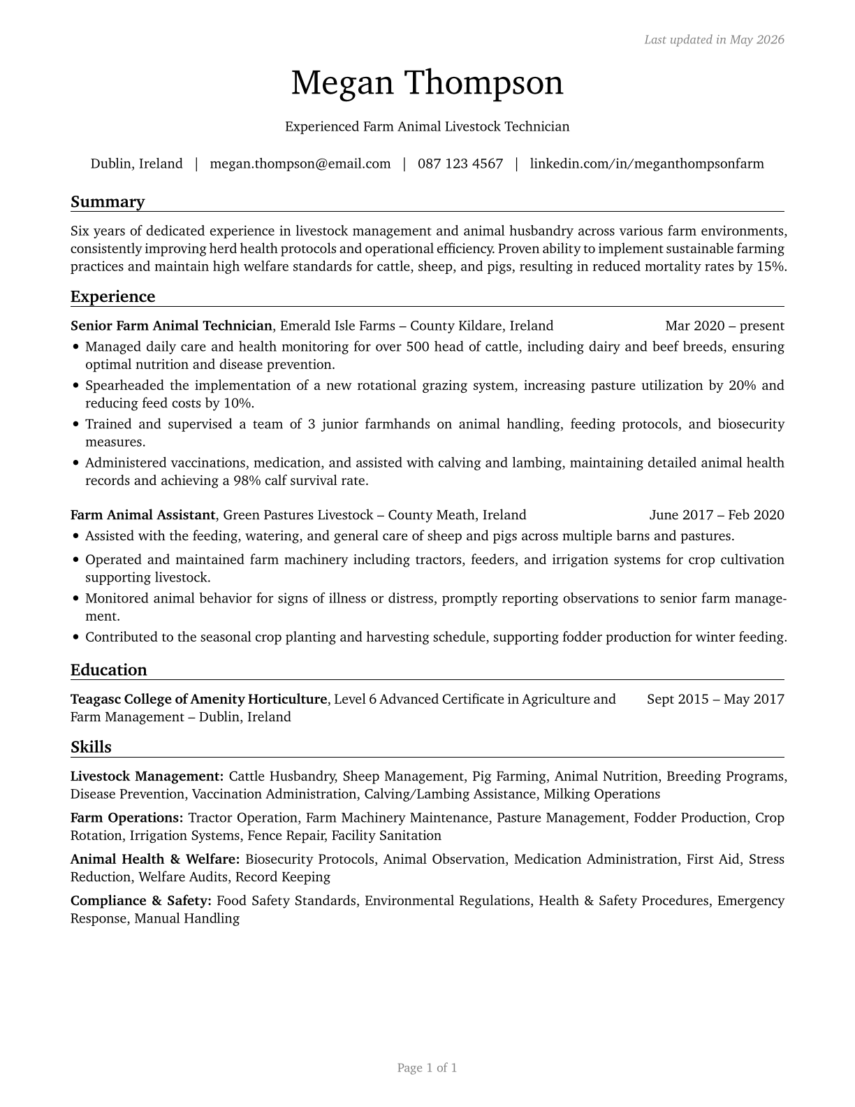 Farmworkers, Farm, Ranch, and Aquacultural Animals CV in English — page 1